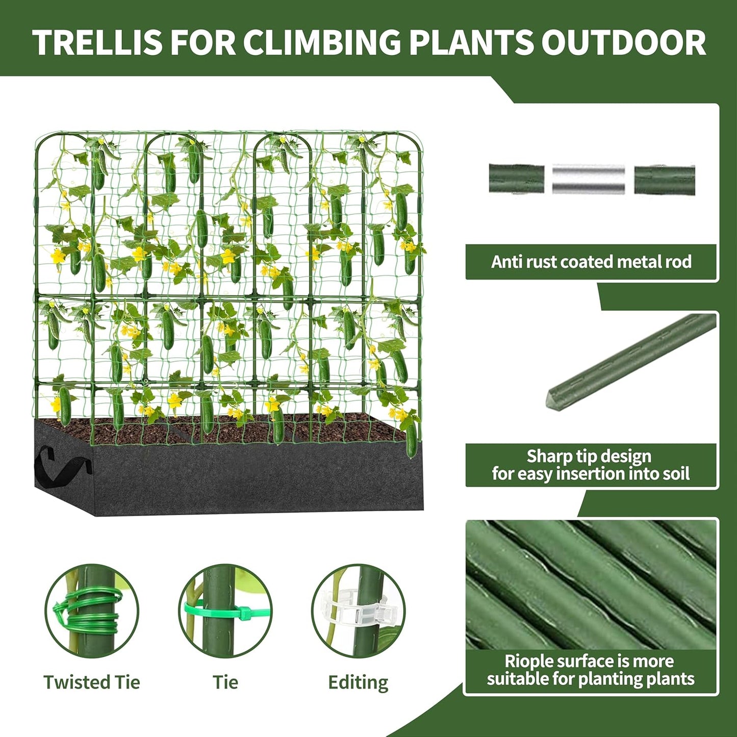 PASARA Cucumber Trellis with Grow Bag - Garden Trellis for Climbing Vegetables, 65 X 50 Inch Large Metal Trellis for Climbing Plants Outdoor, Including Twist Ties, Clips, Ties, Nylon Garden Lattice