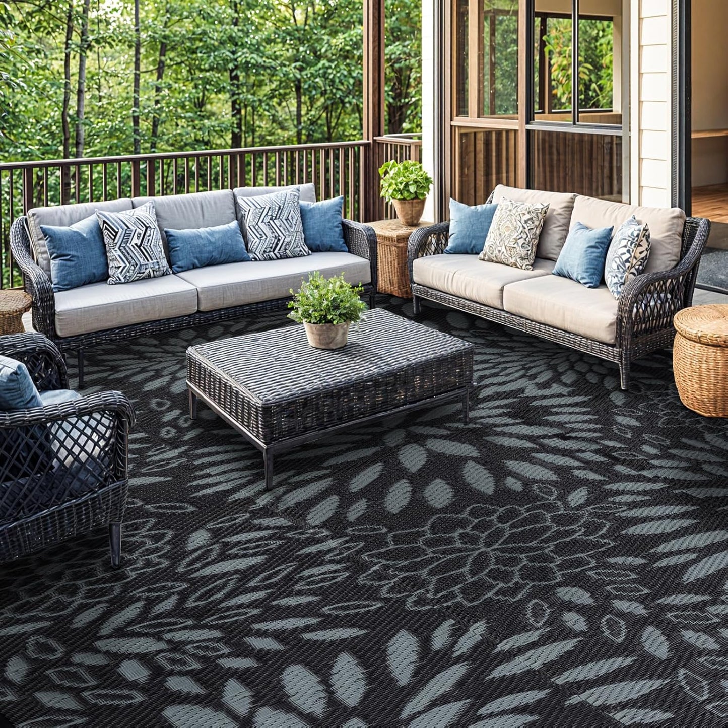 8'x10' Reversible Outdoor Rug - Eco-Friendly Plastic Straw Rug-Heavy-Duty Waterproof Mat, UV & Fade Resistant for Patio, Camping, RV, Deck, Balcony(8x10,Black&Floral)