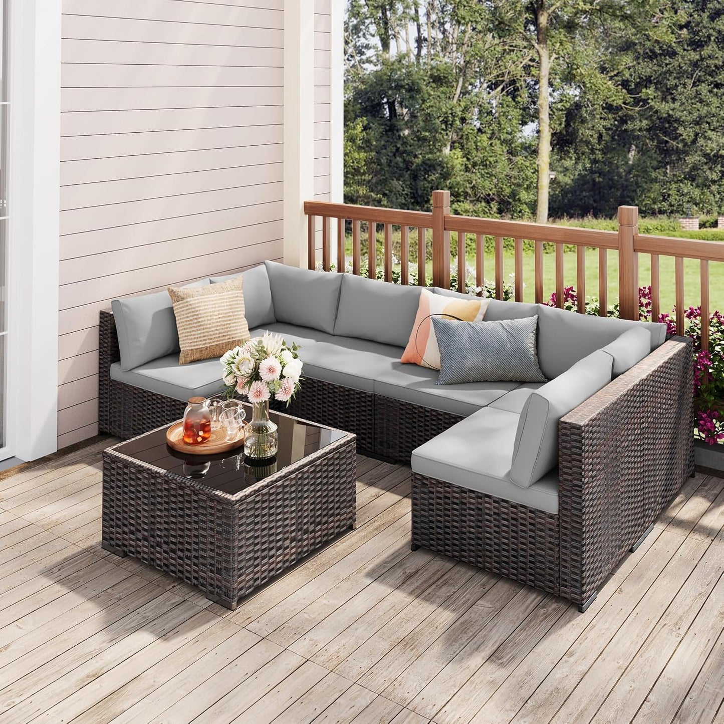 7 Pieces Outdoor Patio Furniture Set, PE Rattan Outdoor Wicker Sectional Furniture Sofa Set, with Cushions and Glass Coffee Table, for Balcony, Porch, Garden, Grey