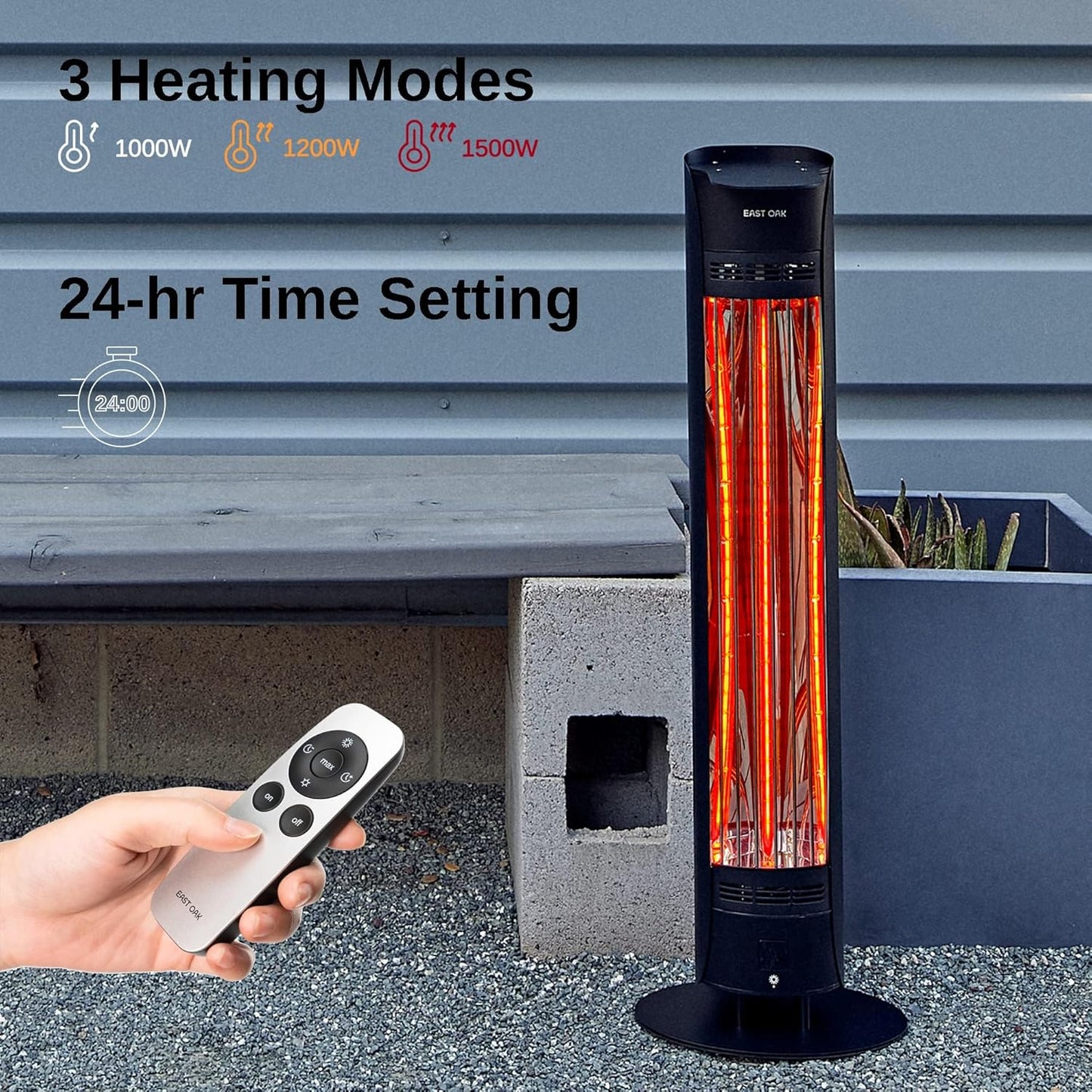 EAST OAK 1500W Electric Infrared Patio Heater, Indoor/Outdoor Tower Heater with Remote, 24H Timer, IP65 Waterproof, Tip-Over & Overheat Protection for Garage, Deck, Backyard