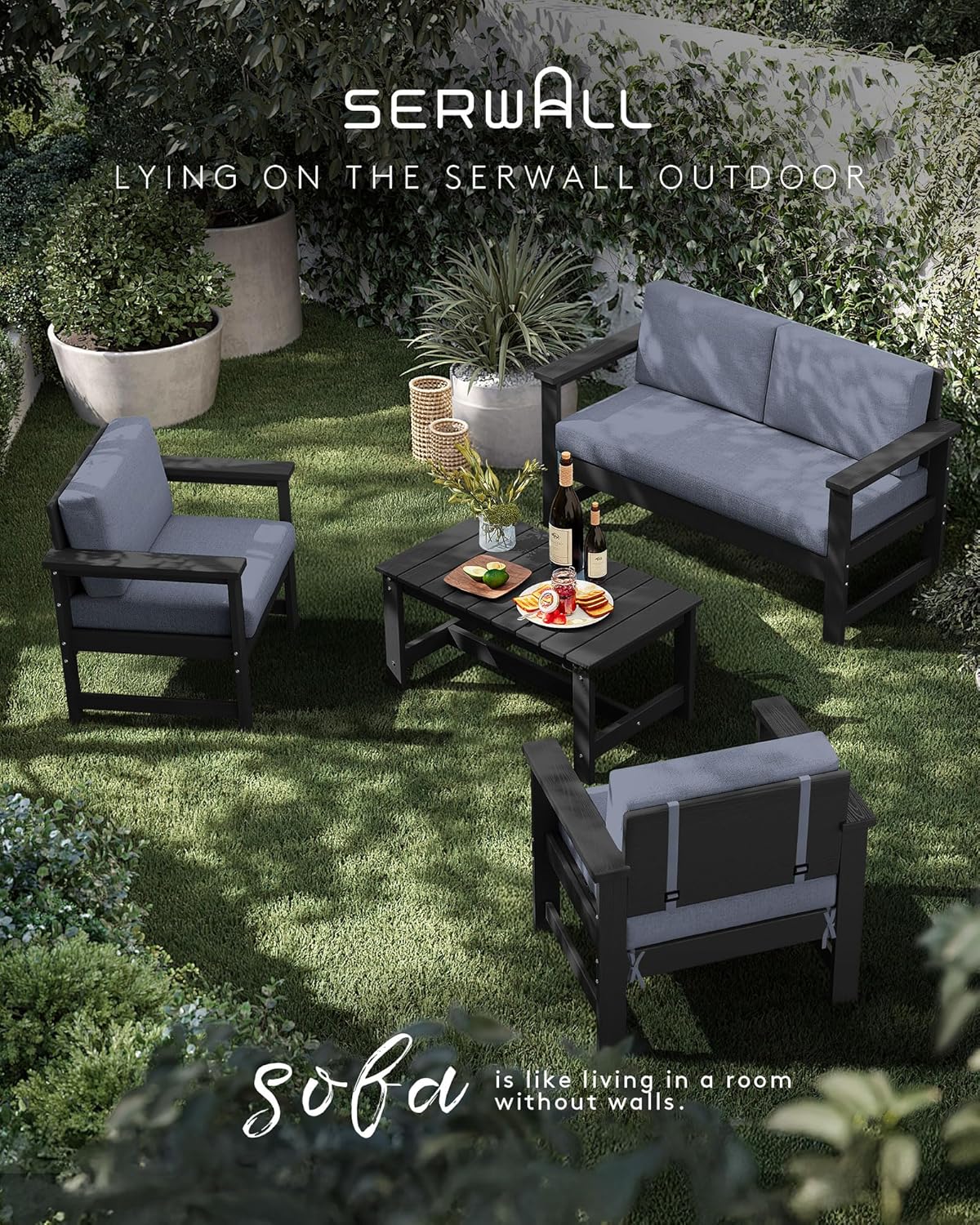 SERWALL 3 Pieces HDPE Outdoor Sofa Bistro Set with Cushions, Outdoor Furniture Sofa Sets with Coffee Table and Cushions, All Weather Conversation Social Set, Black Frame and Grey Cushion