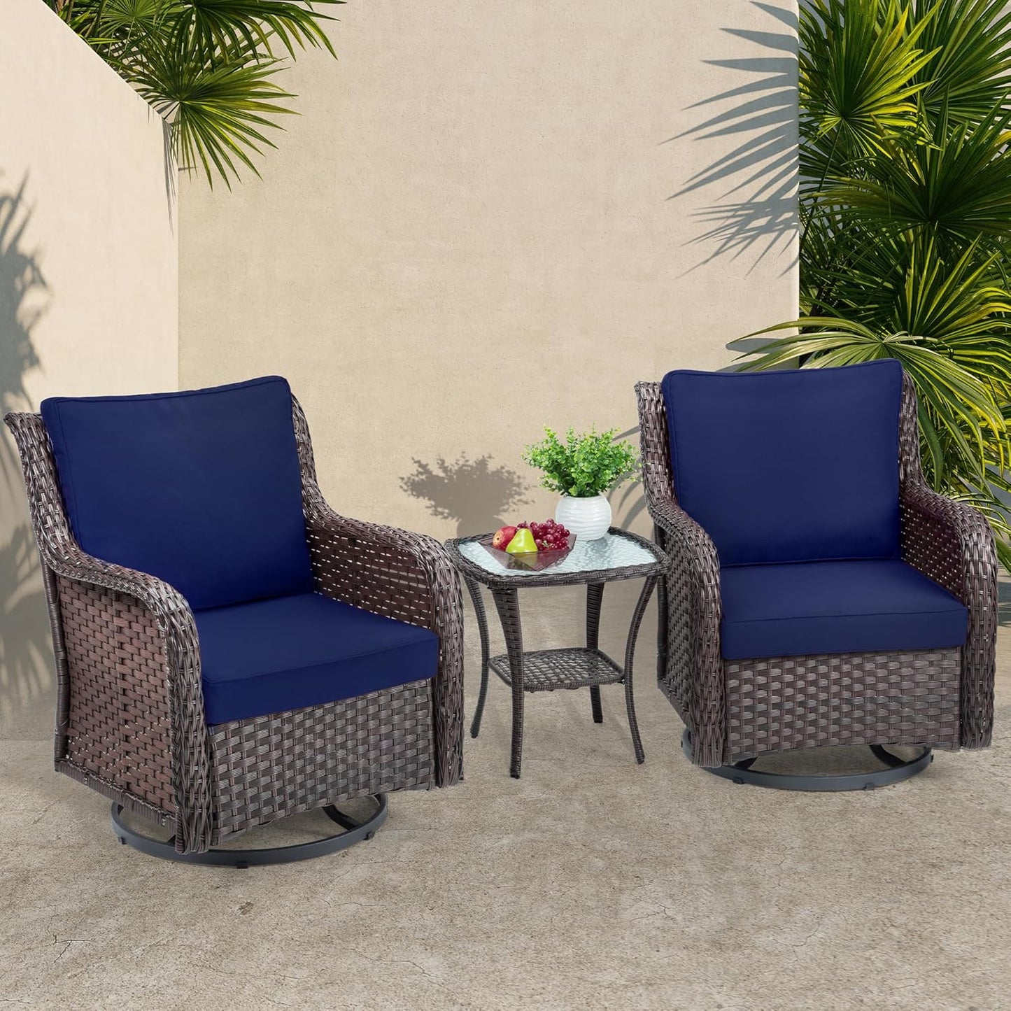 Towallmark Outdoor Swivel Wicker Glider Patio Chairs with Table Set, 3 Pieces Outdoor Bistro Set with 4”Thick Cushions and Coffee Table for Porch, Balcony, Deck (Blue)