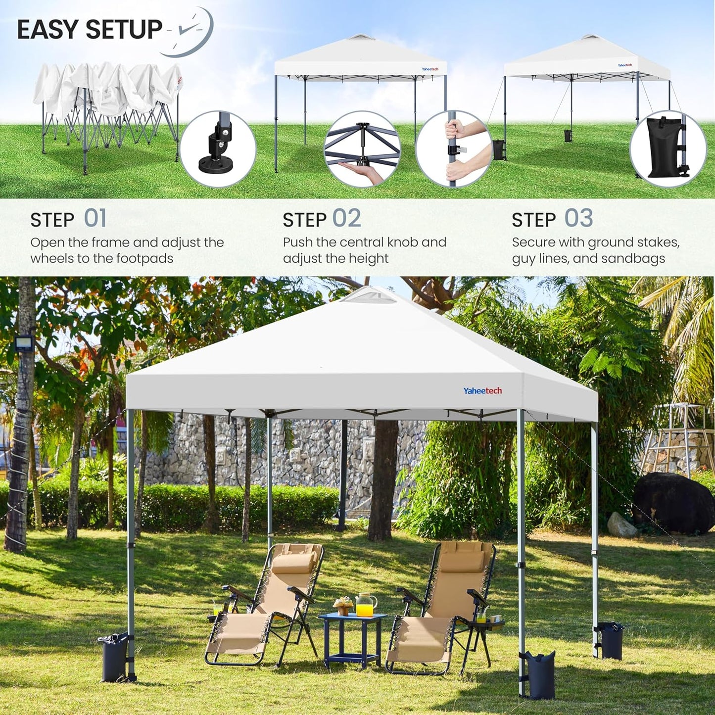 Yaheetech 12x12 Pop-up Canopy Tent w/ 2 Integrated Wheels for Mobility, Waterpoof & Heavy Duty, Instant Sun Shelter with Carry Bag, Weight Bags for Outdoor Camping Beach Patio Parties, White