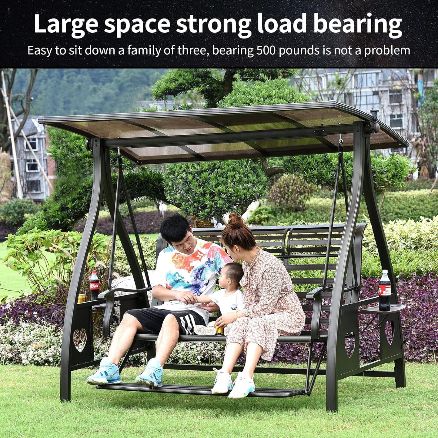 3-Seat Solar Outdoor Patio Swing Chair with Footrest Outdoor Porch Swing with Aluminum Frame Adjustable Tilt Canopy for Poolside Balcony Backyard (Plaid Pillow + Brown Cushion)