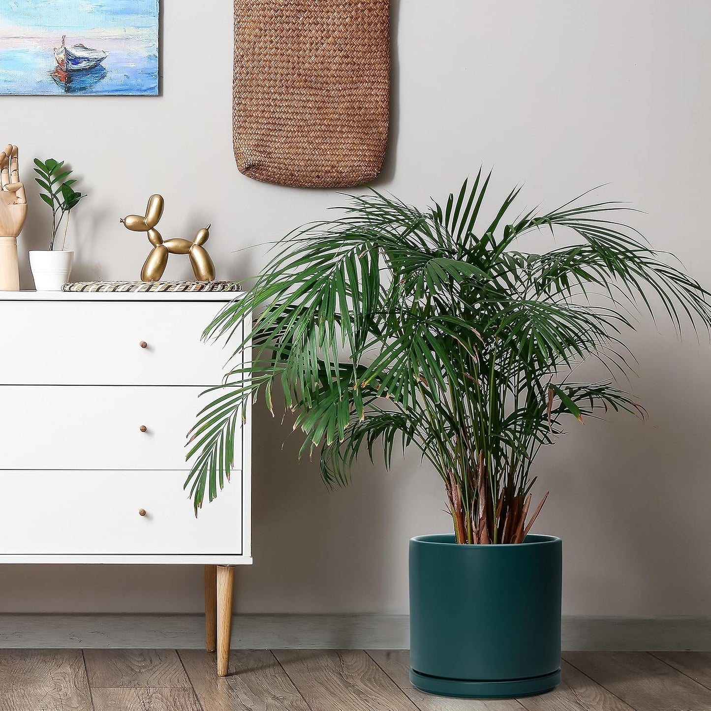 D'vine Dev Set of 2 Plants Pots, 10 Inch Ceramic Planter Pot for Plants with Drainage Hole and Saucer, Teal, 94-V-E-9