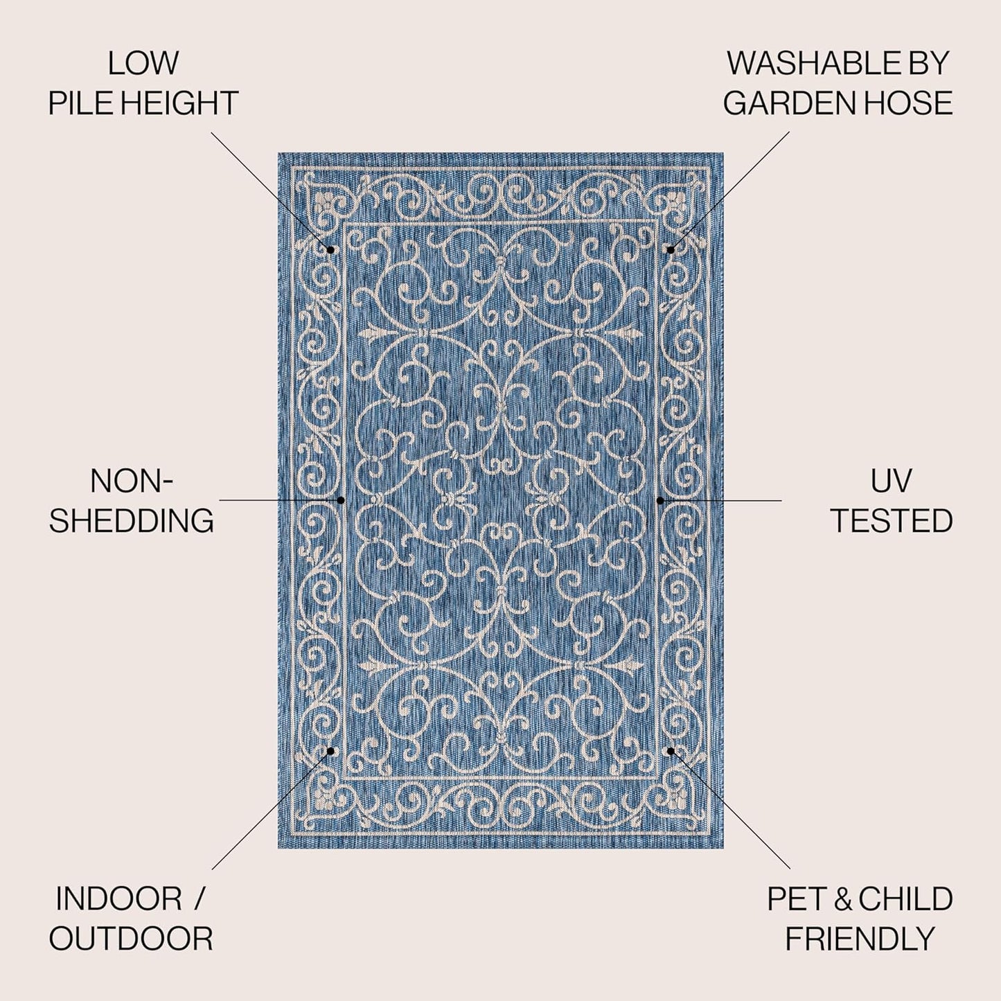 JONATHAN Y SMB106D-8SQ Charleston Vintage Filigree Textured Weave Navy/Gray 8' Square Indoor/Outdoor Area Rug, Pet Friendly, Non-Shedding, Stain Resistant, Easy-Cleaning for Backyard, Patio, Porch