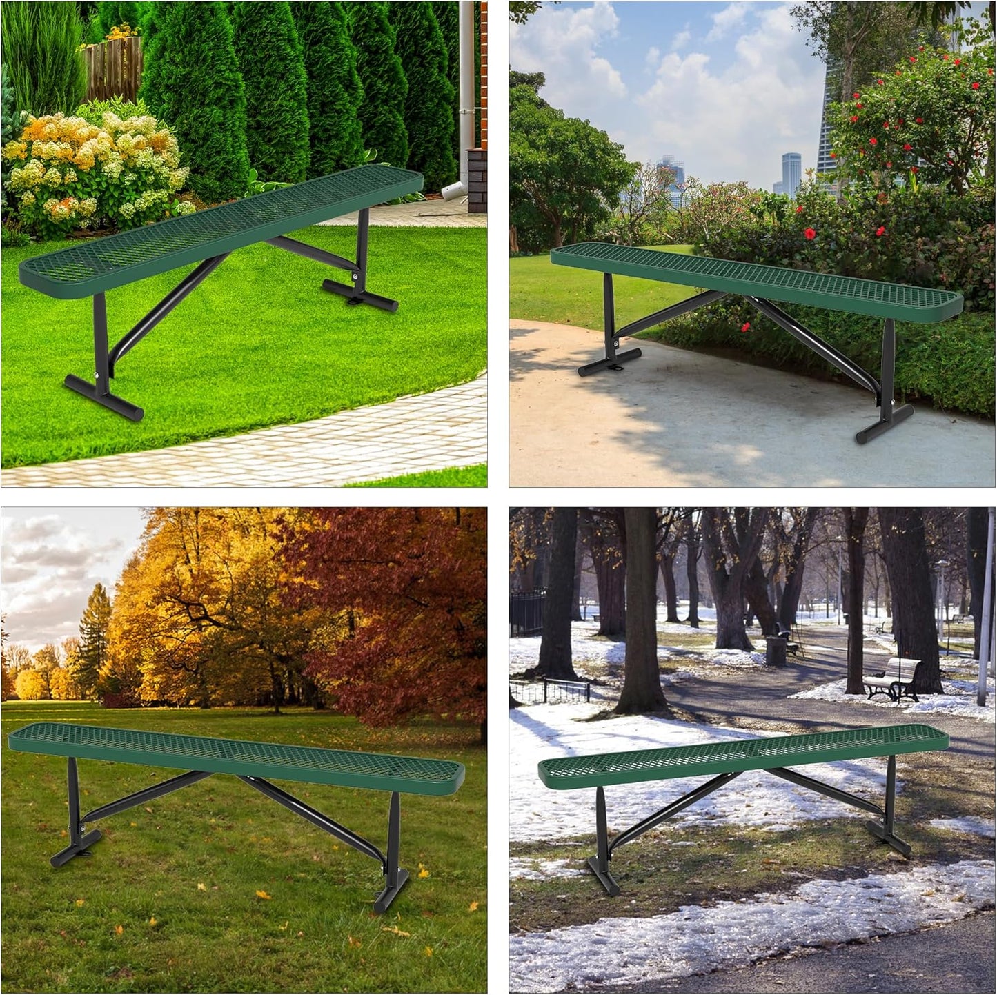 72" L Outdoor Steel Flat Bench, Heavy Duty Metal Park Bench for Outside, Expanded Metal, Commercial Benches Mesh Bench for Shopping Mall, Store, Lawn, Park, Patio, Deck, Garden (Green, 6FT)