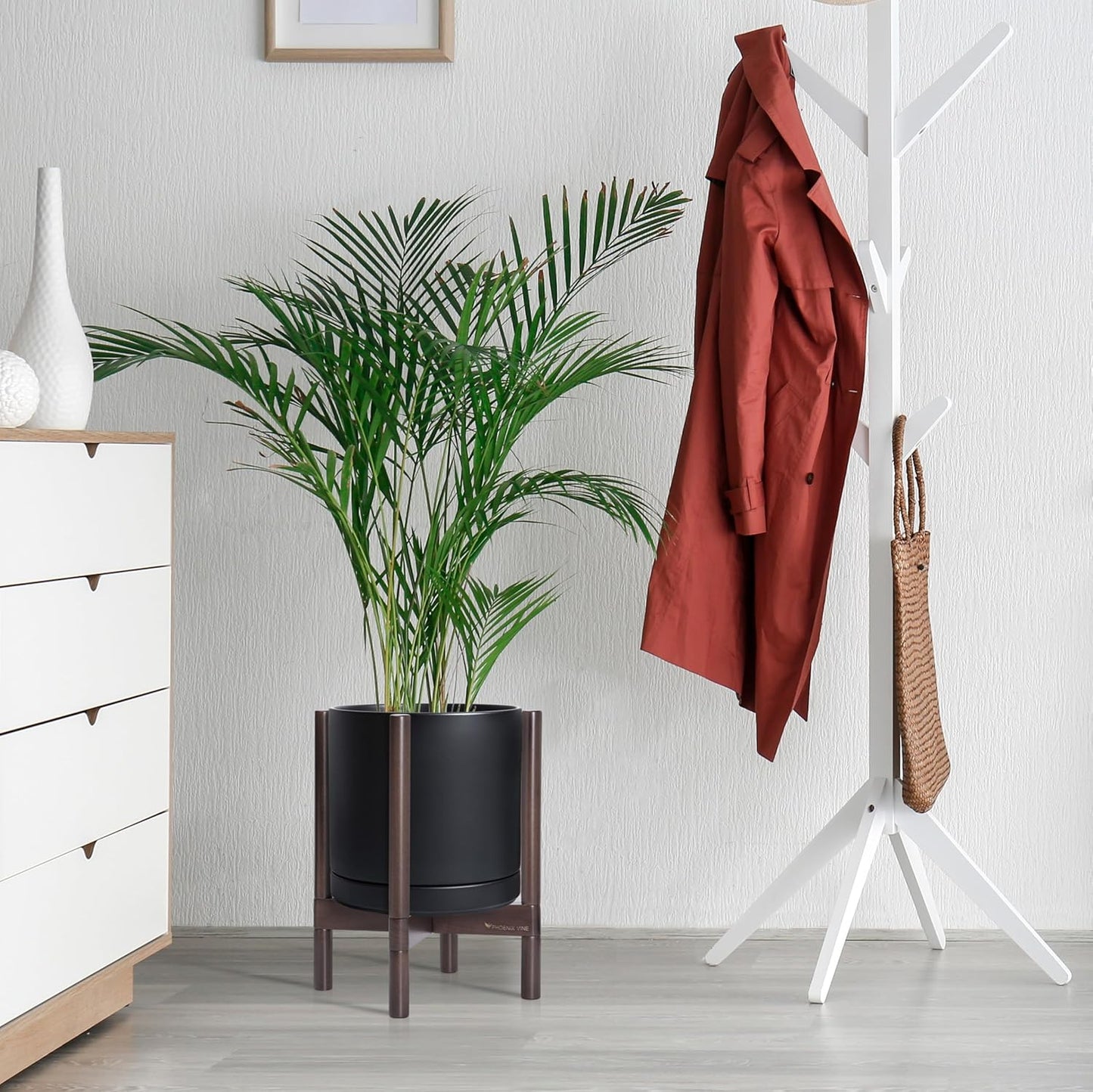 D'vine Dev Ceramic Planter with Walnut Color Stand - 12 Inch Modern Round Flower Pot with Wood Planter Holder, Black, 55-B-W-2