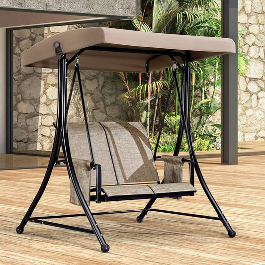 PURPLE LEAF 2-Seat Deluxe Outdoor Patio Porch Swing with Weather Resistant Steel Frame, Adjustable Tilt Canopy, Beige