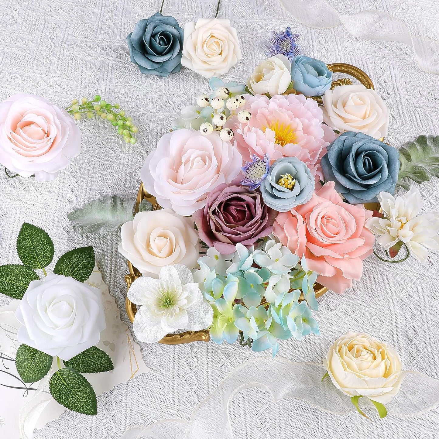 AGIRL Artificial Flowers Combo Silk Pink Roses Fake Flower with Stems for DIY Wedding Bouquets Centerpieces Arrangements Table Chair Decor Baby Shower Home Decor (Blue Pink)