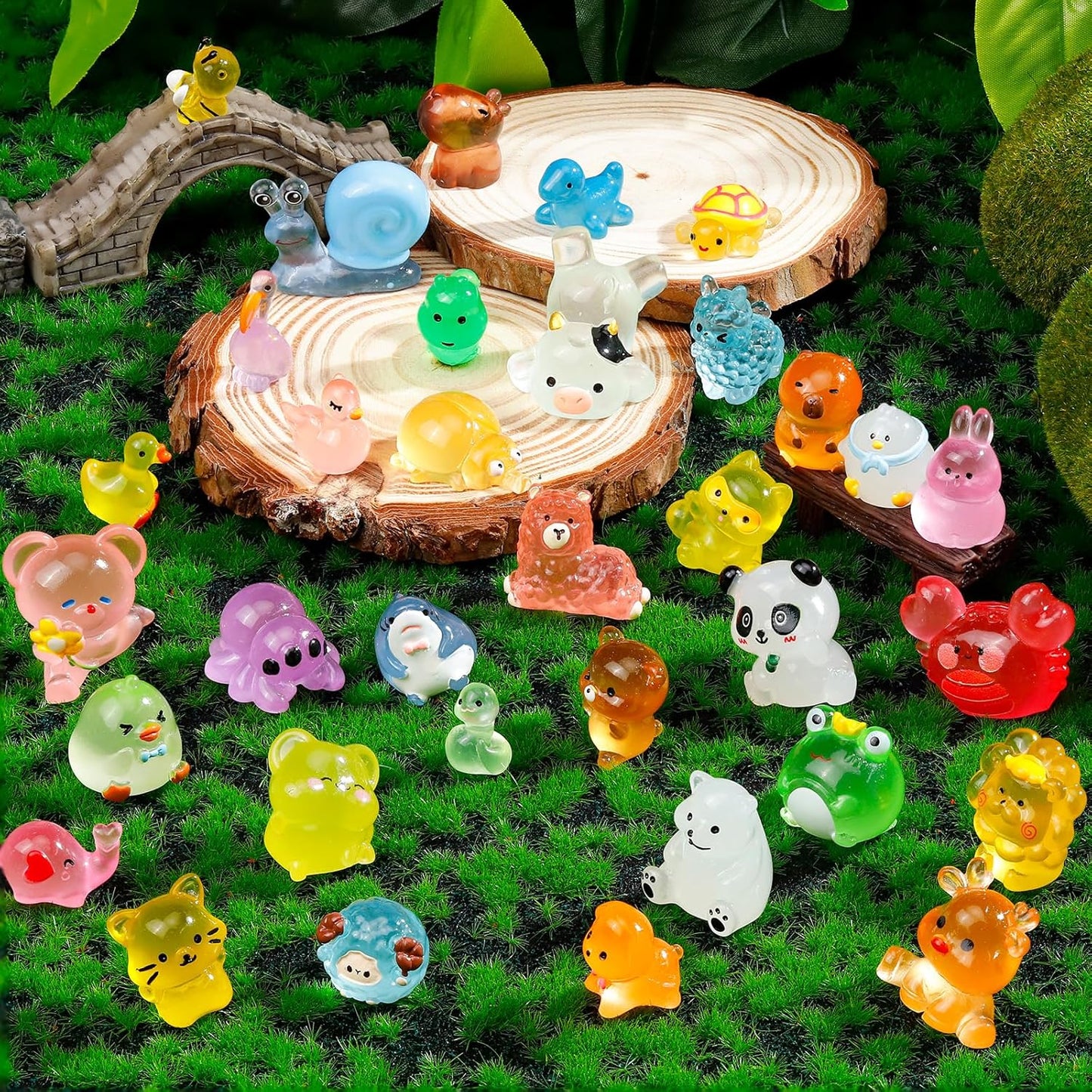 80 Pcs Luminous Mini Resin Animals 80 Styles Tiny Little Glow in The Dark Animal Figures to Hide Miniature Ducks Figurines for Party Favors DIY Fairy Garden Dollhouse Micro Landscape Aquarium Decor