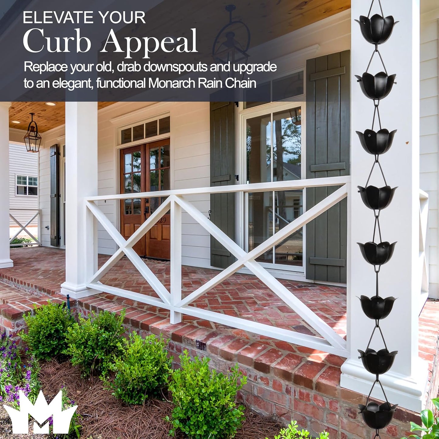 Monarch Rain Chains Aluminum Large Lotus Rain Chain, 8.5 ft Black Powder Coated Aluminum Decorative Rain Catcher Chain for Gutters, Black Aluminum Rain Gutter Replacement Downspout