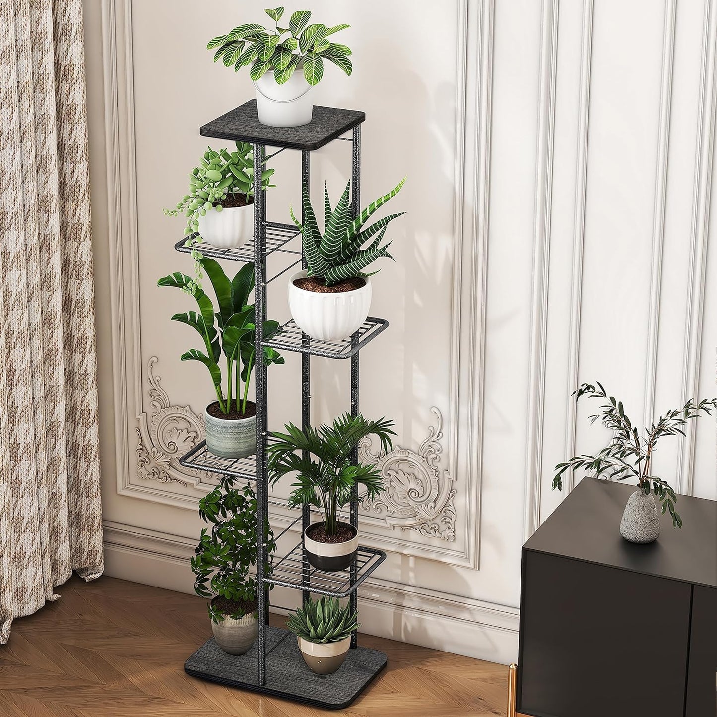 Simple Trending Plant Stand Shelf Indoor Outdoor Waterproof, 6-Tier 7 Potted Heavy Duty Metal Tall Flower Holder for Multiple Corner Display