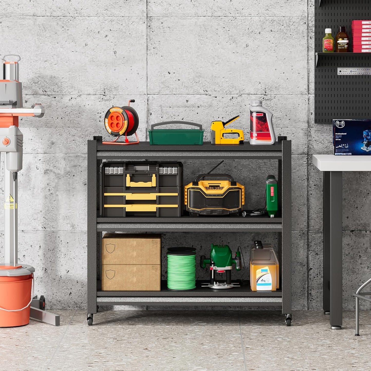 Workbench on Wheels, Adjustable Heavy Duty Work Table with Wheels, Heavy Duty Workstation, Metal Tool Work Bench for Garage Warehouse Workshop, 32" H x 18" D x 34" W