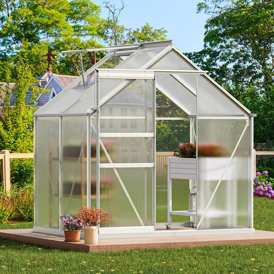 YITAHOME 10x12FT Polycarbonate Greenhouse for Outdoors, Large Heavy Duty Aluminum Greenhouses with Sliding Doors and Vent Window, Walk-in Greenhouse for Garden Backyard, Simple Setup, Silver
