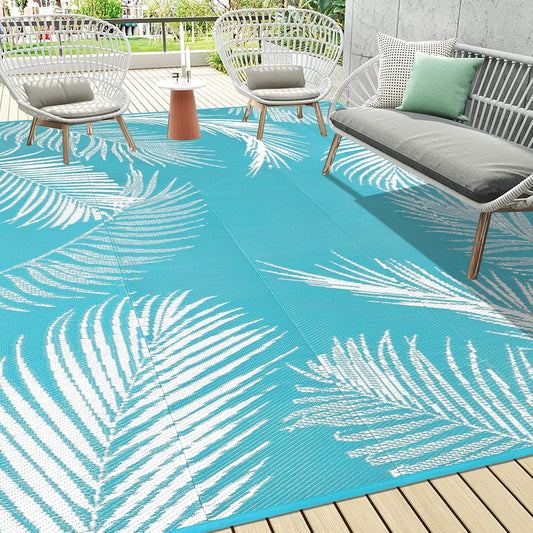 Pauwer Waterproof Outdoor Rug 9x12, Reversible Plastic Straw Patio Camping Rug, Indoor Outdoor RV Mat Carpet for Deck, Camper, Porch, Balcony, Backyard, Picnic, Leaf Teal