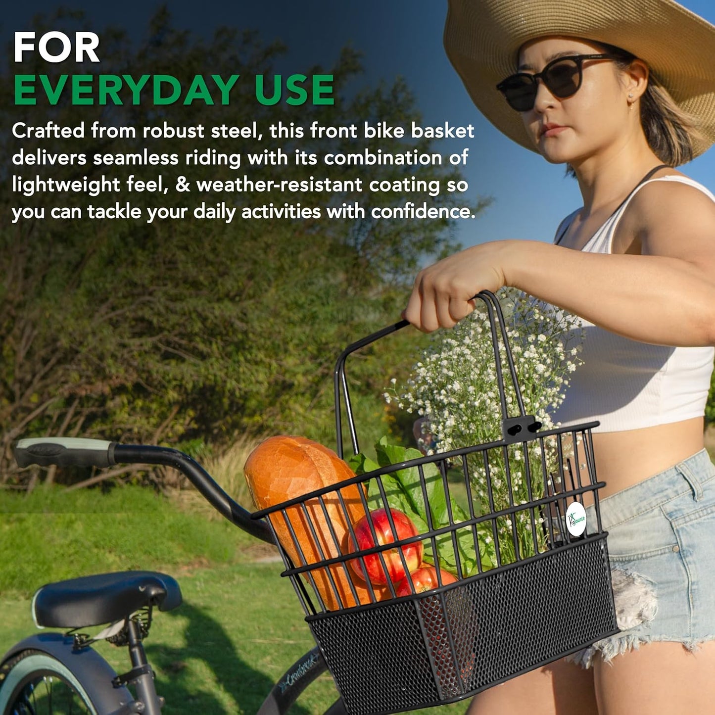 ProSource Wire Bike Basket Front for All Ages, Detachable Bicycle Front Basket with 15lbs Storage Capacity, Lightweight Steel Mesh Backing for Durable Daily Use, Black