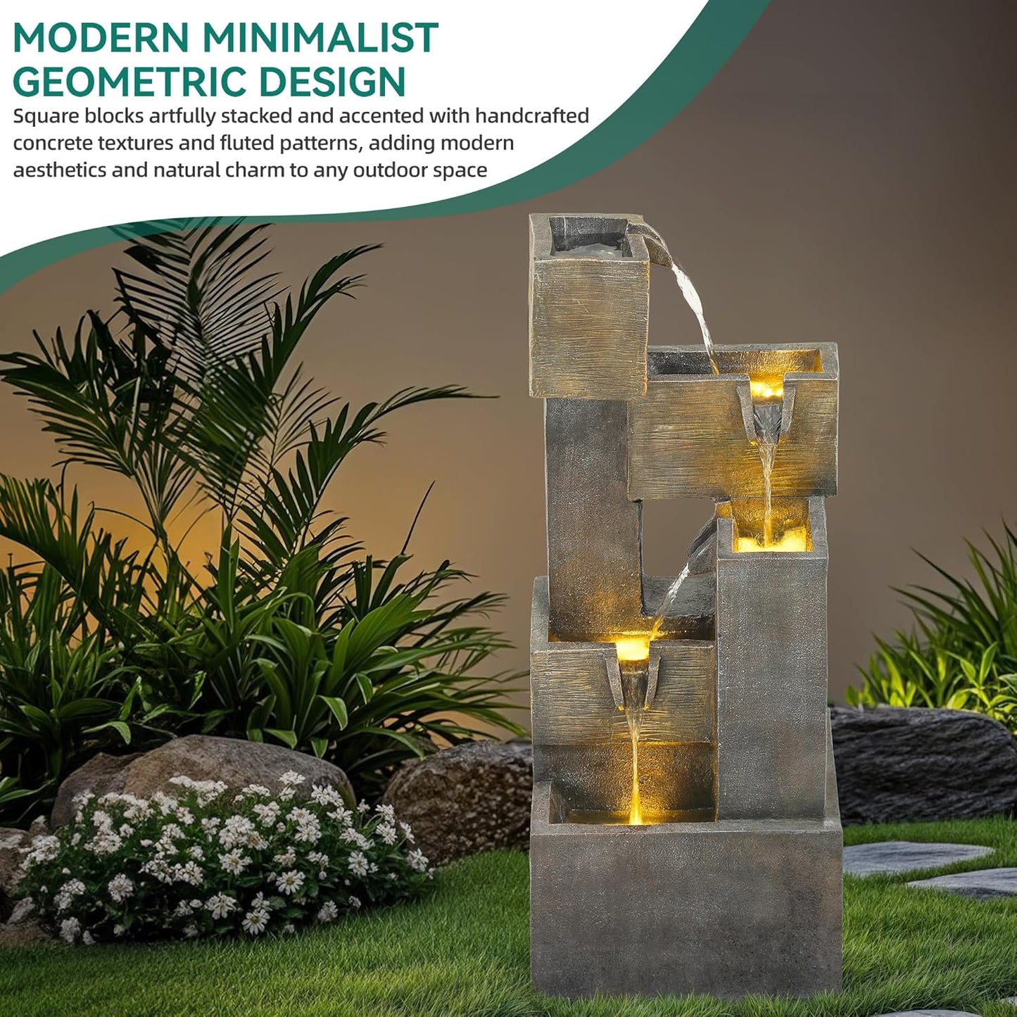 32.5" Modern Outdoor Water Fountain with LED Lights, 5-Tier Stacked Blocks Garden Fountain Cascading Waterfall Feature for Relaxing Garden, Patio, Backyard, Deck, Porch or Home Décor