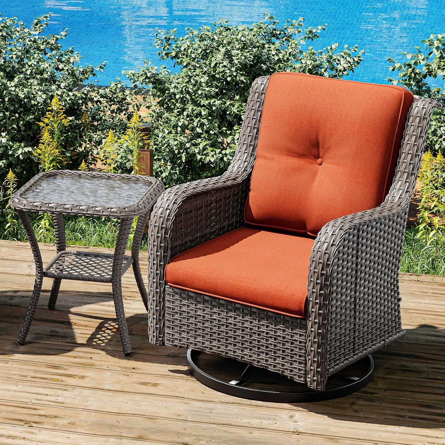 Joyside Outdoor Swivel Rocker Patio Chair and Matching Side Table - 2-Piece Wicker Patio Bistro Set with Premium Fabric Cushions (Brown Mixed with Grey/Orange)
