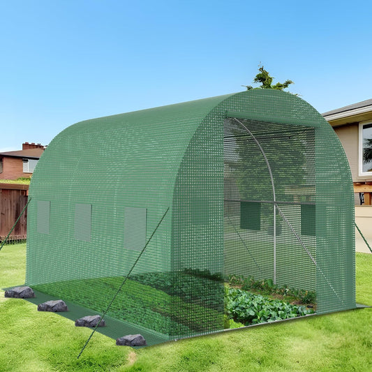 9.8*6.5*6.5FT Heavy Duty Greenhouse for Outdoors, Large Walk-in Green House with High Tunnel PE Cover & Irrigation Garden Sprinkler System for Winter, Green