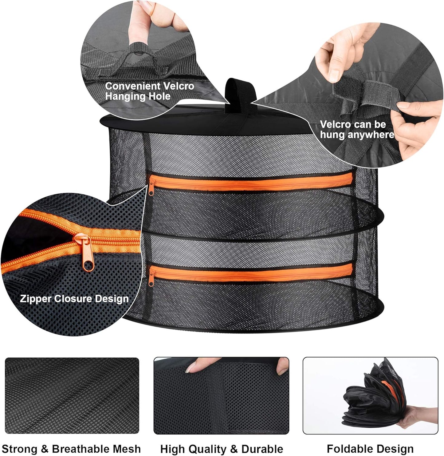 Desy & Feeci Herb Drying Rack- 2ft Diameter 2 Layer Folding Mesh Hanging Basket Dryer Net with Zippers for Seeds Flowers Buds Plants Garden Outdoor Bumper Harvest(D24xH16 inch)