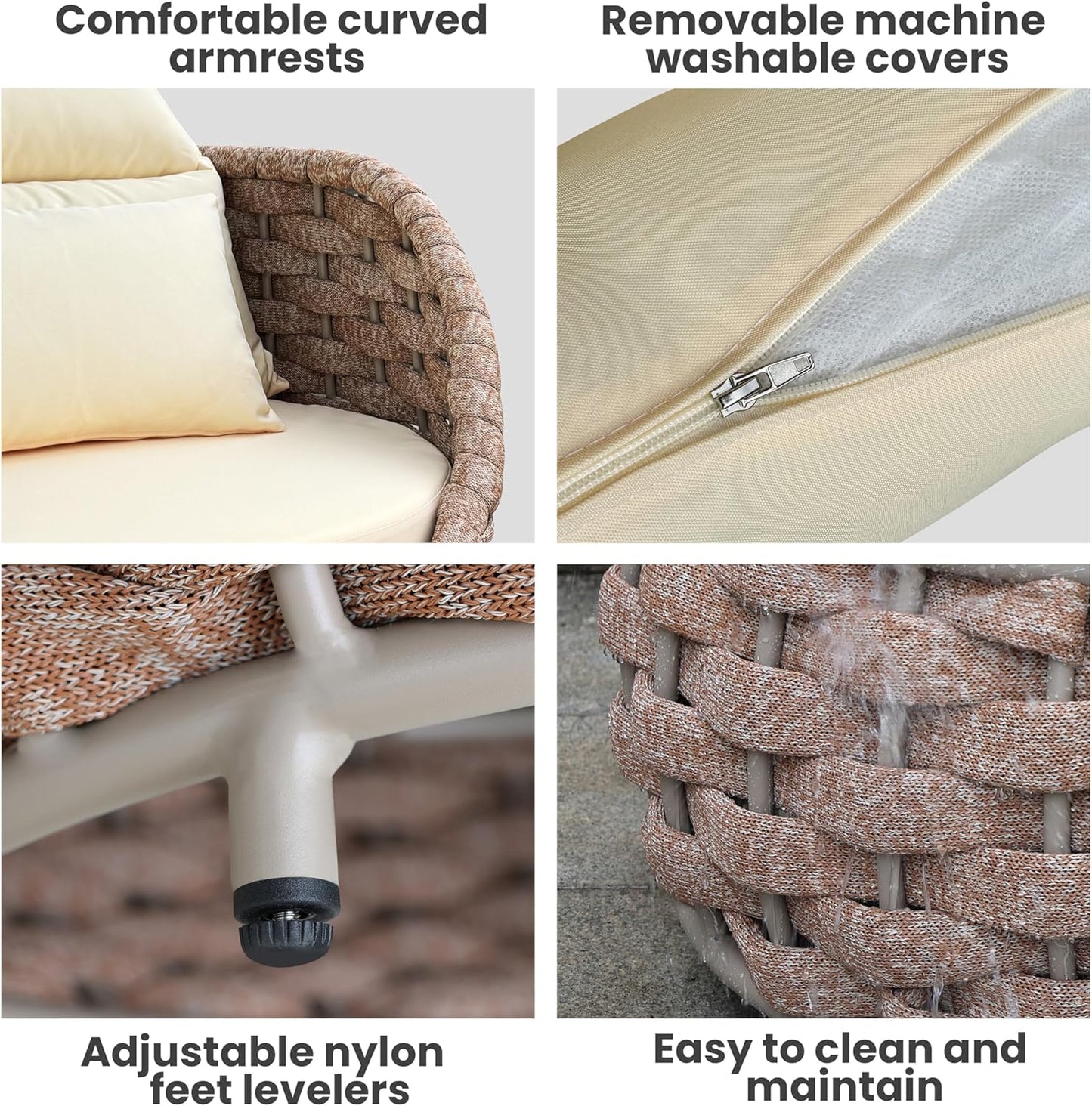 Aluminum Deck Outdoor Furniture Set: 6 Pieces Rope Patio Conversation Sofa Set - Modern Woven Porch Couch Set Cushioned - No Assembly All Weather for 660lbs Yard Garden Lanai Hotel, Terracotta