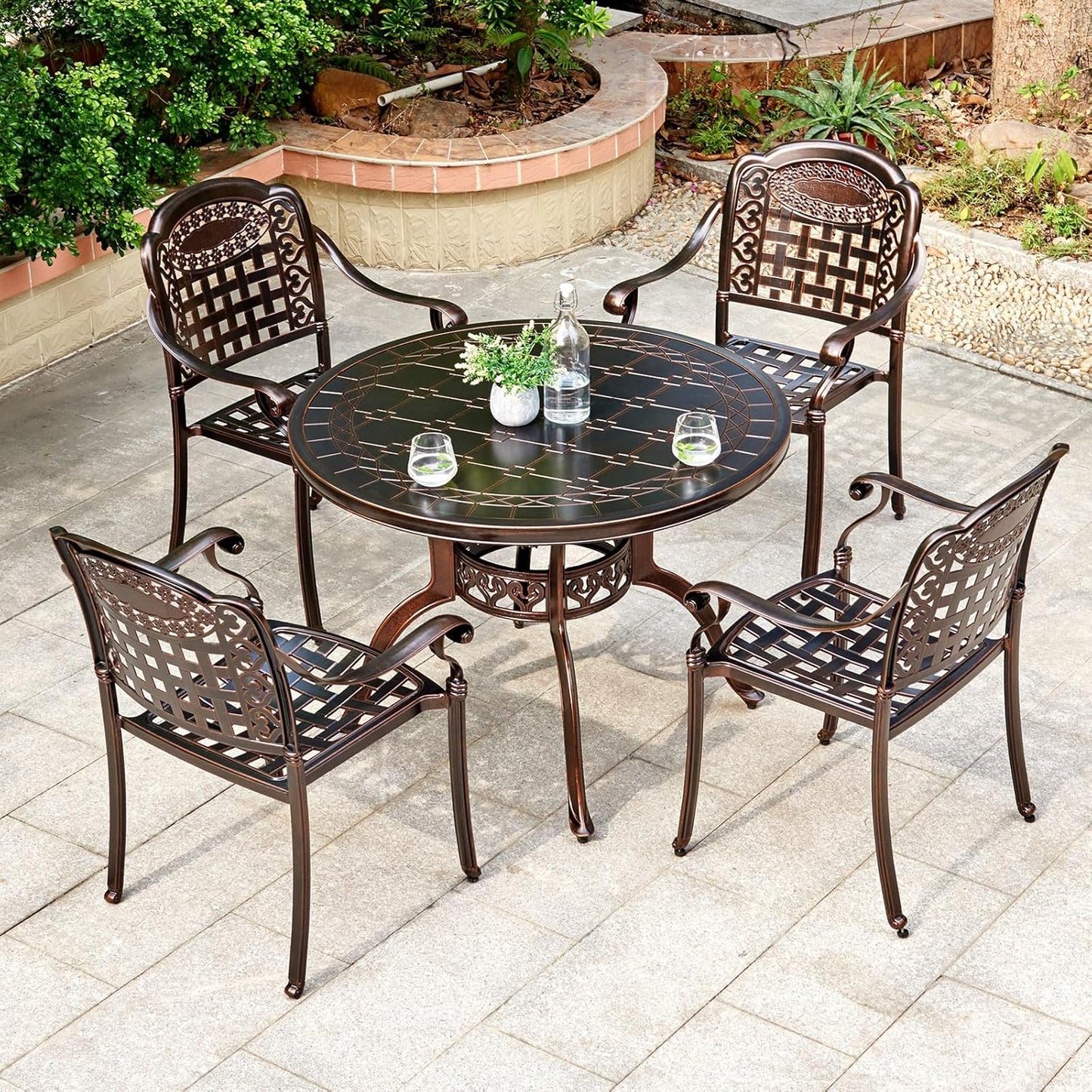 Outdoor Dining Chair Cast Aluminum Patio Chairs Set of 2 All-Weather Patio Dining Chair with Adjustable Feet for Backyard Garden (Square Lattice Chair)