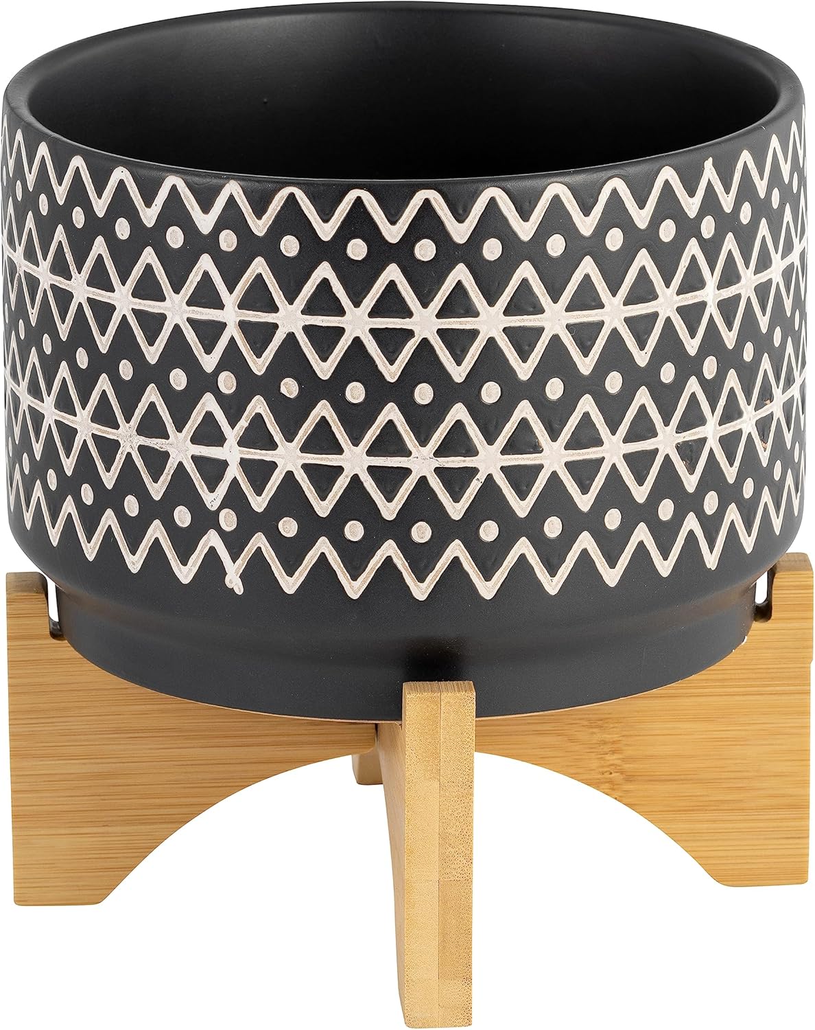 Ceramic Planter with Bamboo Stand – Modern Plant Pot with Geometric Pattern – Durable Stoneware Plant Holder for Indoor & Outdoor Plants – Stylish Boho Home Decor – 8", Black