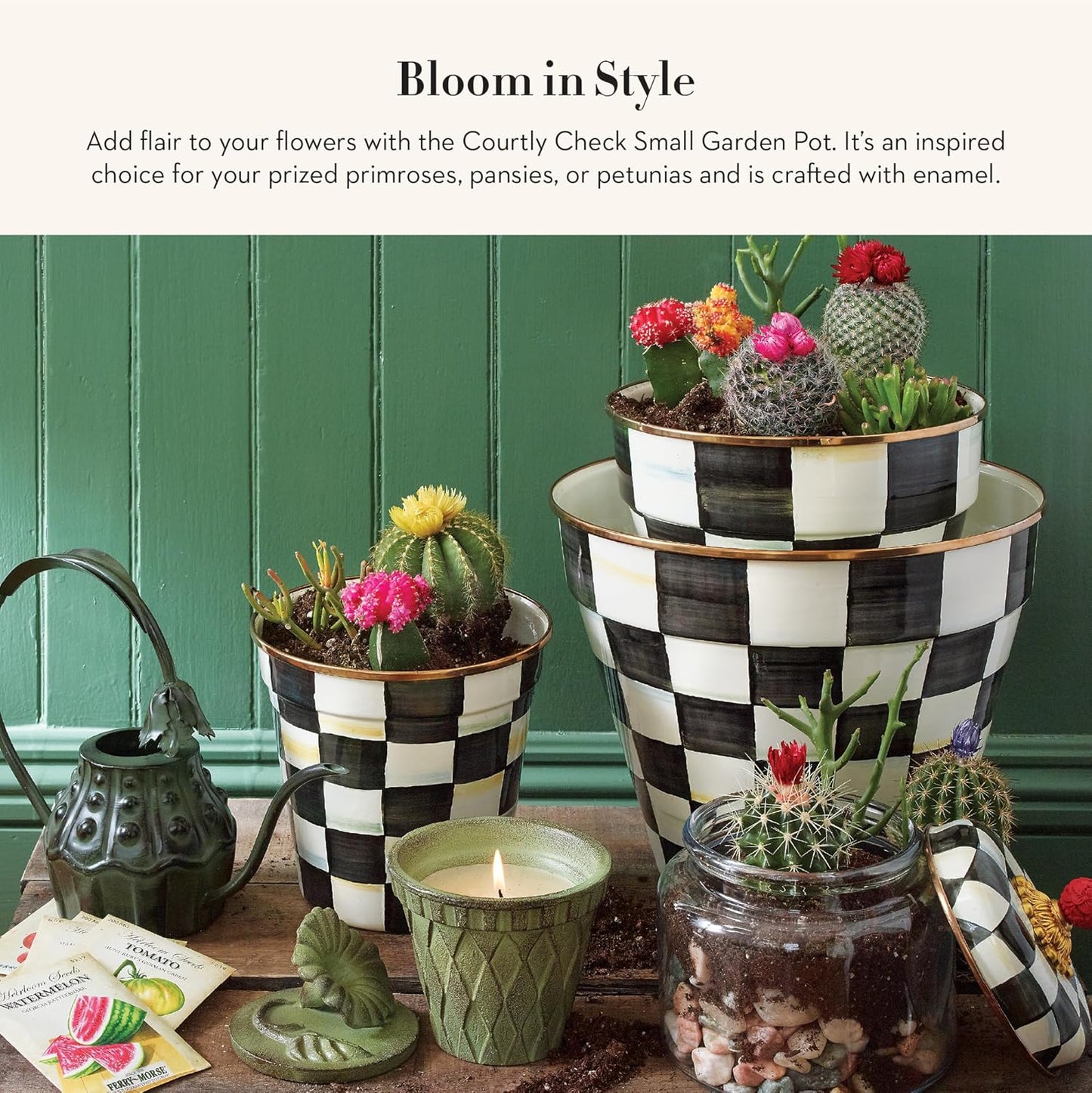 MACKENZIE-CHILDS Enamel Garden Pot, Planting Pot for Plants and Flowers, Small, Black-and-White Courtly Check