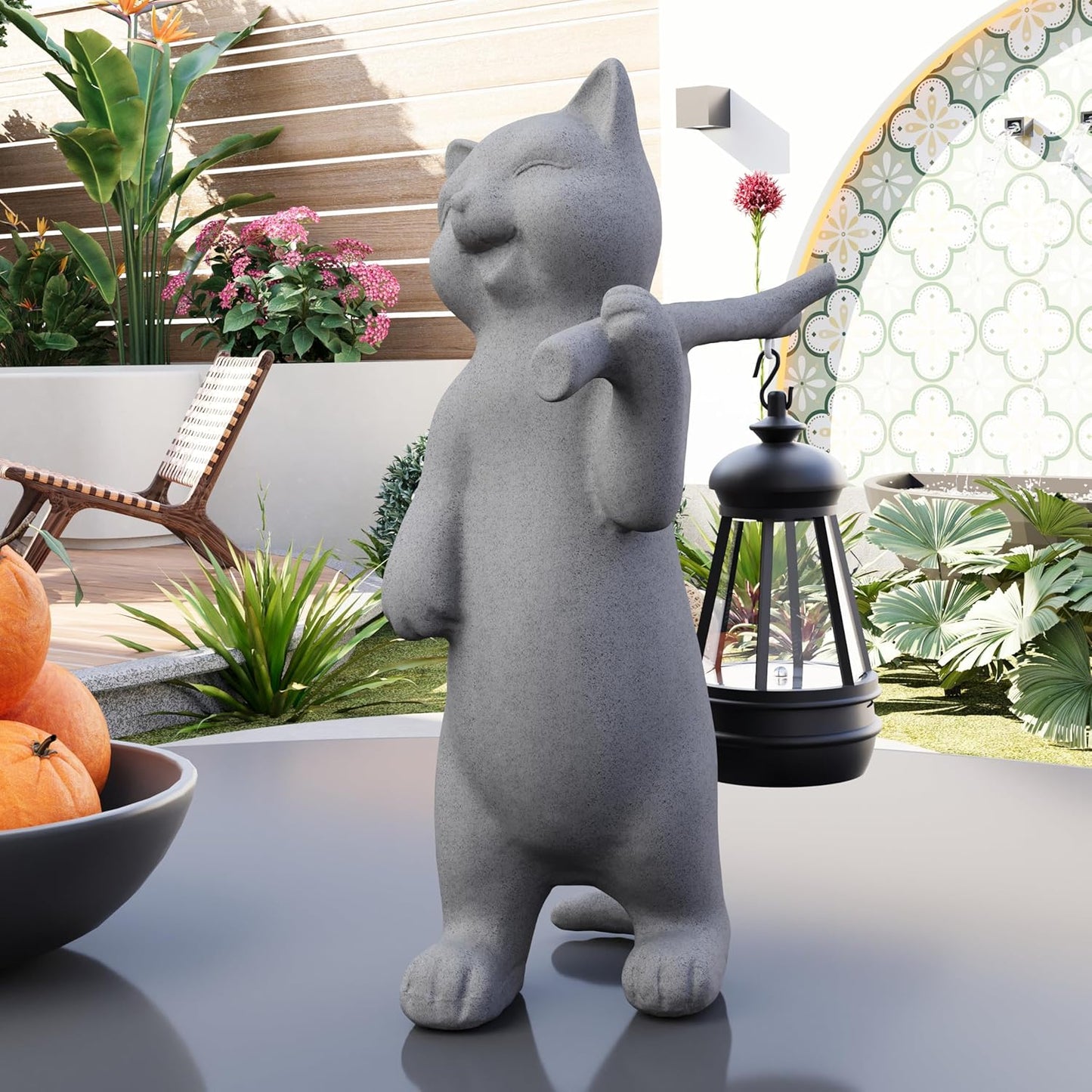 Garden Decoration, Figurine, Lawn Statue, Sculpture Ornament, Animal Figurine - Cat Resin Statue with Lantern (Walking01)