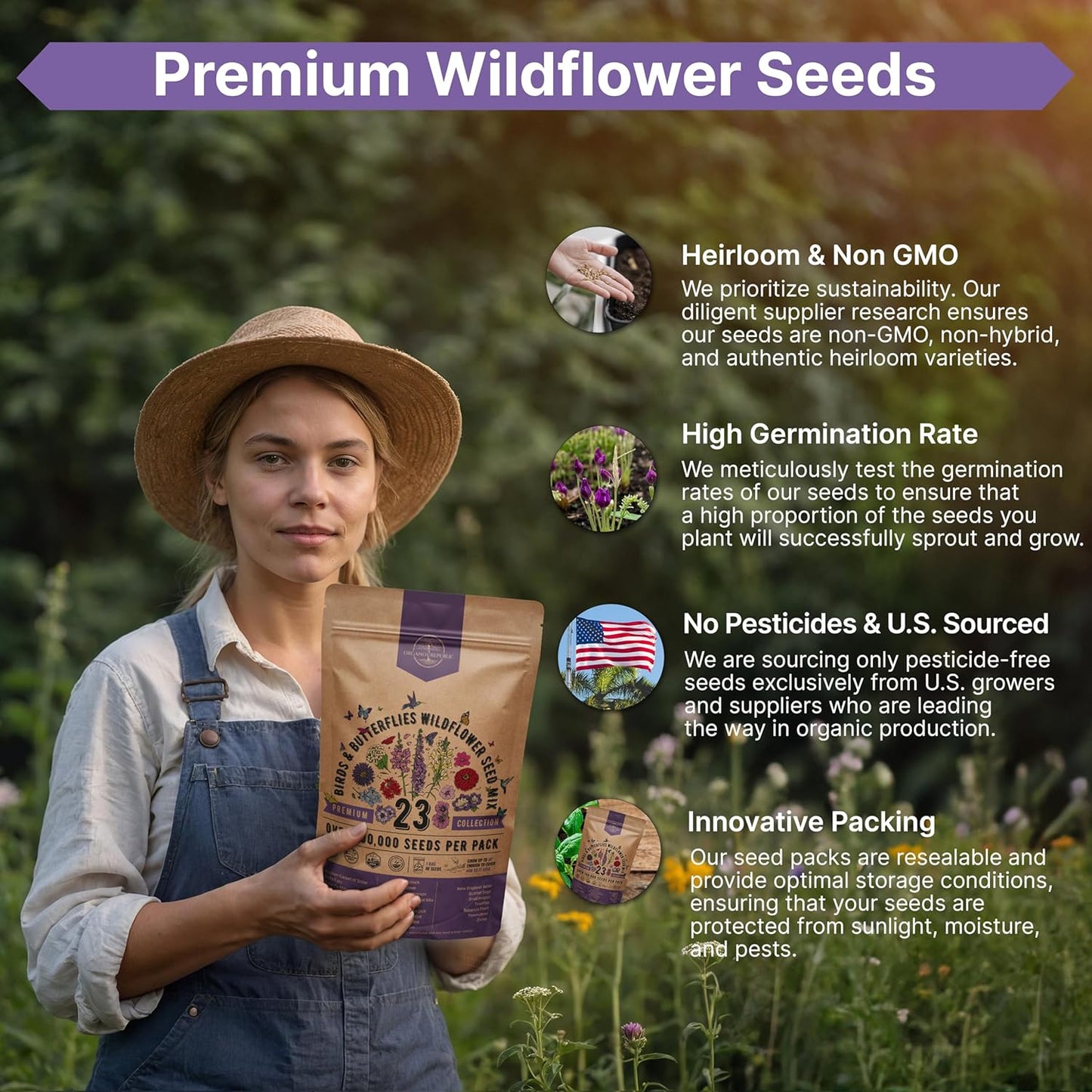 Organo Republic 23 Wildflower Seeds Annual & Perennial Mix for Indoor & Outdoors, Attract Birds & Butterflies 100,000+ Non-GMO, Heirloom Garden Seeds, 4oz Packet for Growing Wild Flowers