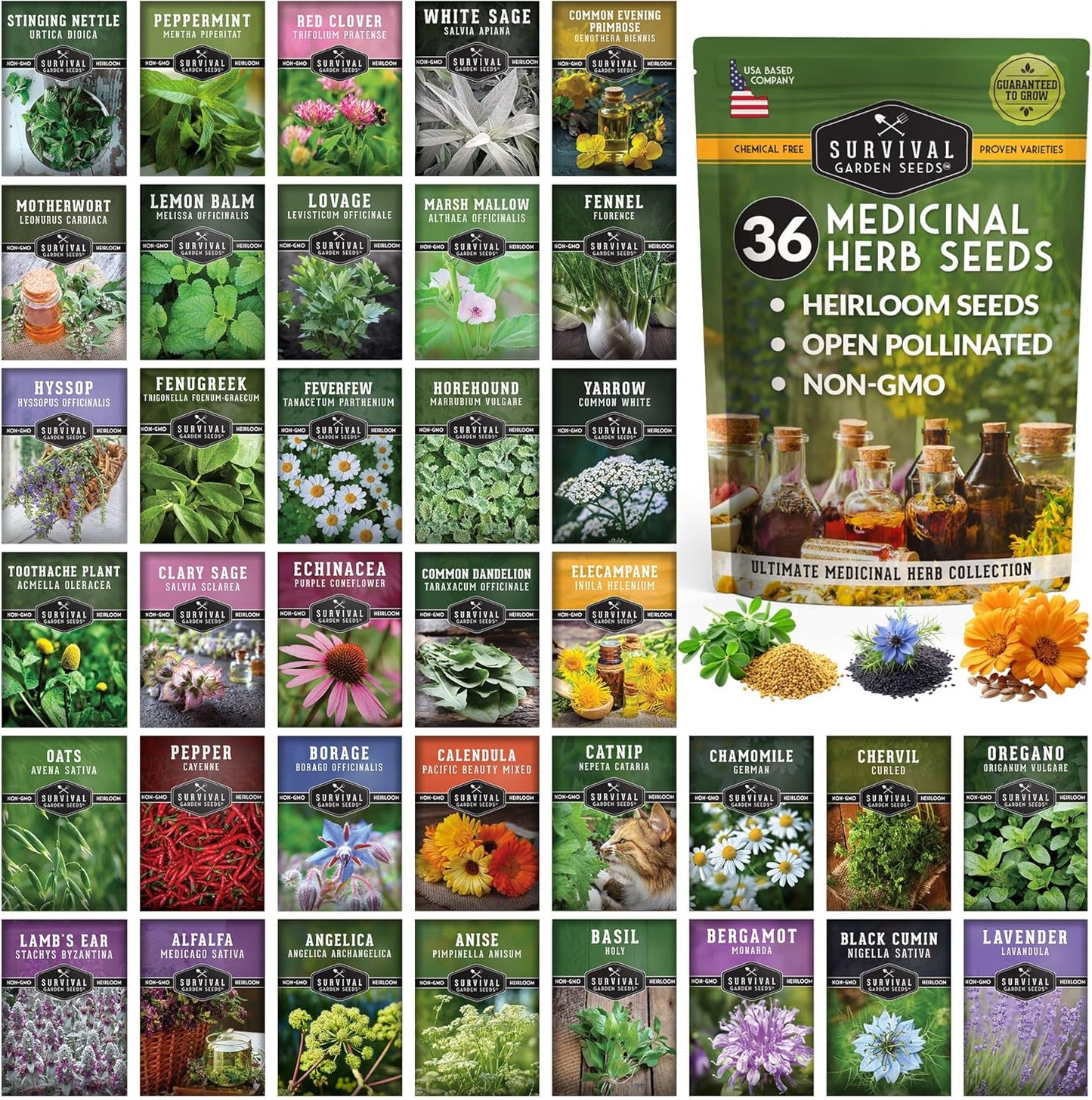 Ultimate Medicinal Herb Seeds Variety Pack – 36 Heirloom Varieties, 28,000+ Lavender, Calendula, Echinacea, Peppermint, Yarrow – Non-GMO Garden Kit by Survival Garden Seeds