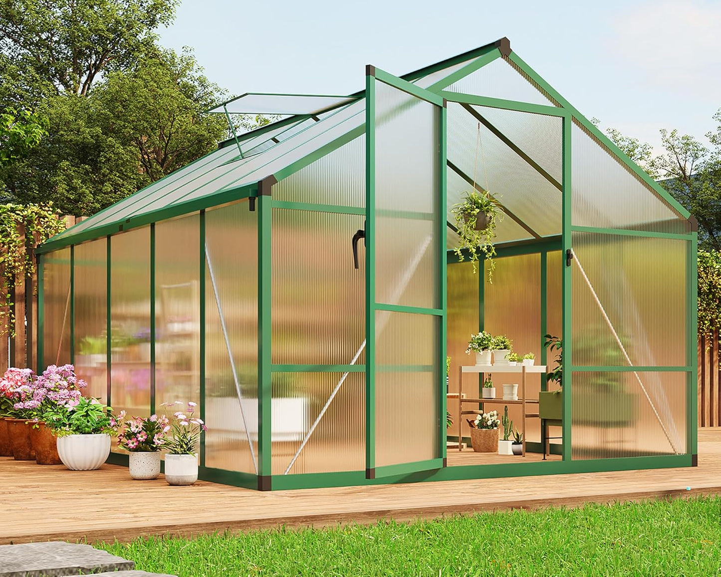 8×10 FT Greenhouse, Large Walk in Greenhouses for Outdoors and Garden Planting, Polycarbonate Greenhouse with Enhanced Aluminum Frame, Green Houses with Quick Setup Structure and Roof Vent, Green