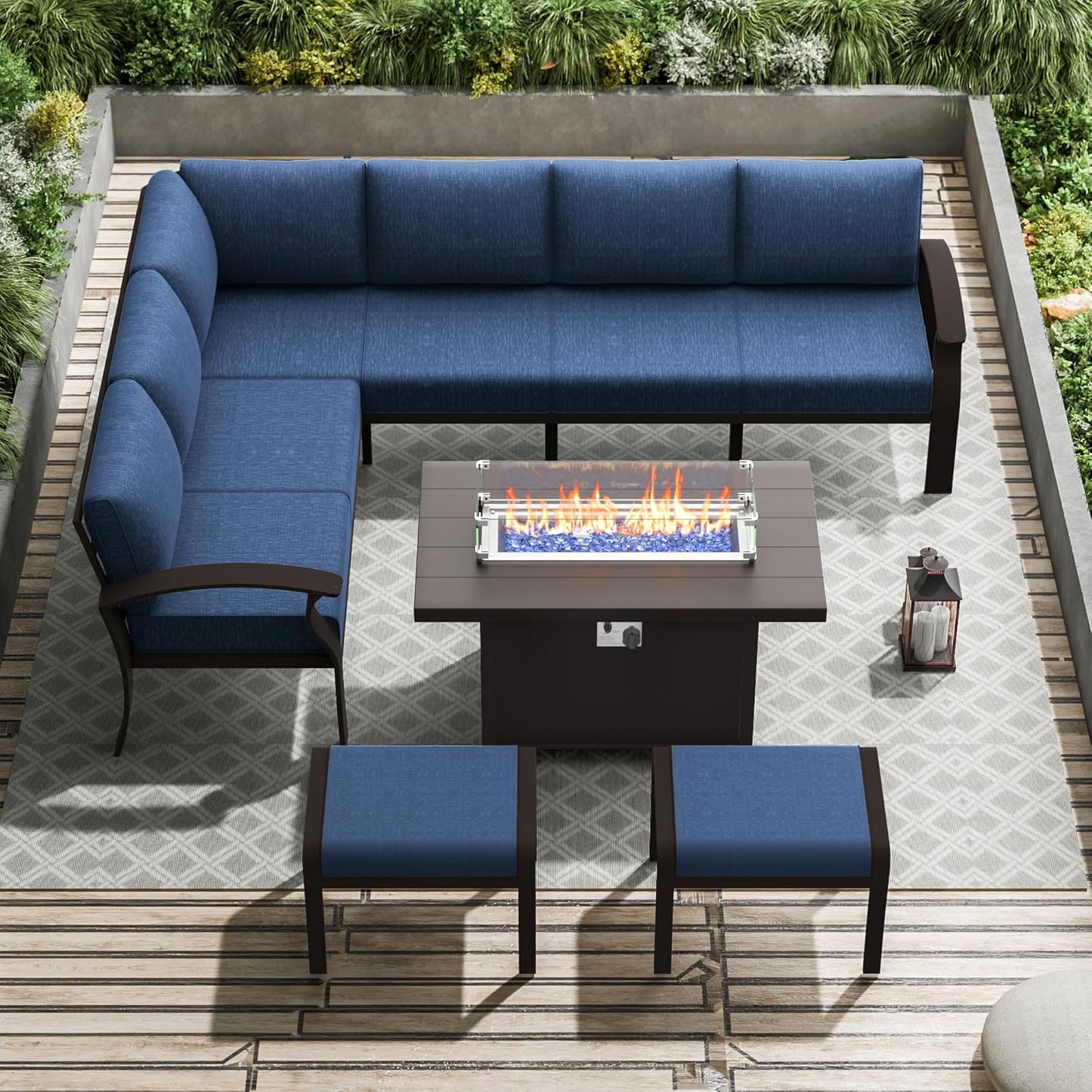 Aluminum Patio Furniture Set with Fire Pit Table, 8 Seats Outdoor Patio Conversation Set Modern Metal Patio Sectional Sofa w/5.1" Upgrade Cushions for Porch, Patio, Backyard(Navy Blue).