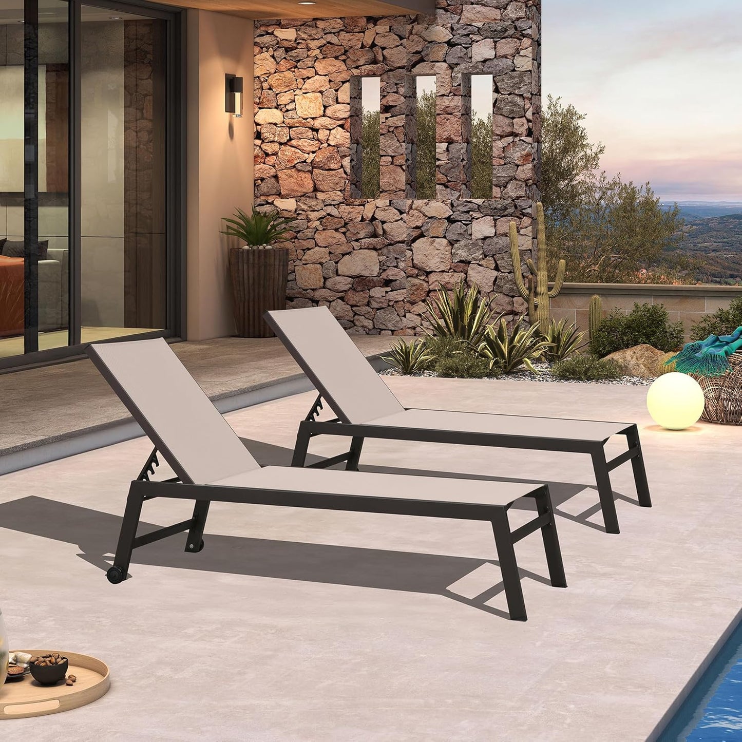 PURPLE LEAF Oversized Patio Lounge Chairs Set of 3, Reclining Pool Lounge Chairs with Side Table and Wheels for All Weather for Outdoor, Deck, Lawn, Aluminum Outside Pool, Sand Beige