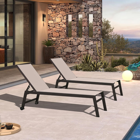 PURPLE LEAF Oversized Patio Lounge Chairs Set of 3, Reclining Pool Lounge Chairs with Side Table and Wheels for All Weather for Outdoor, Deck, Lawn, Aluminum Outside Pool, Sand Beige