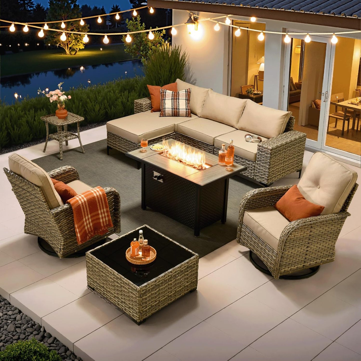 ovios 9 Pieces Patio Furniture Set Outdoor Sectional Sofa Couch with Fire Pit Table Rocking Swivel Chairs Deep Seat Chaise, Modern Modular Wicker Rattan Conversation Set, Beige