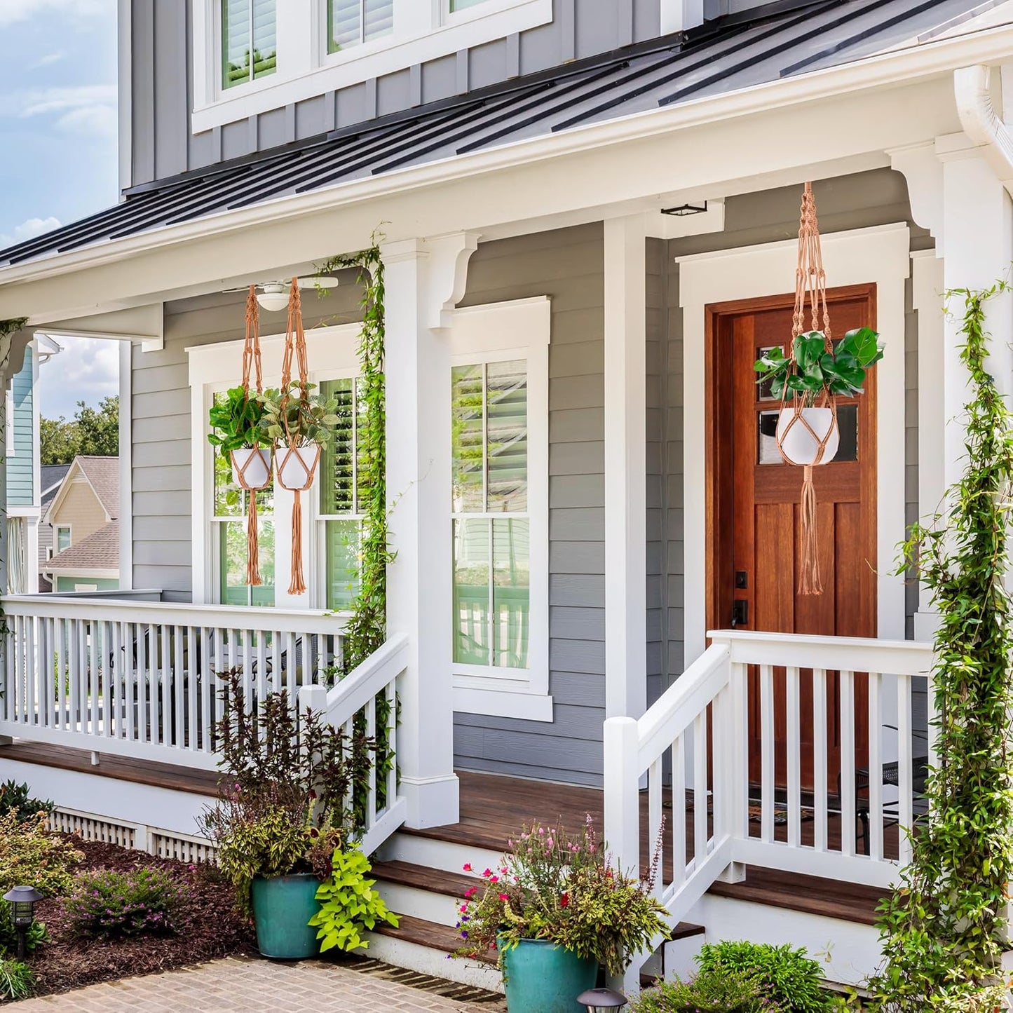 Sorbus Macrame Plant Hanger (4 Pack) Indoor Outdoor Hanging Plant Pots Cotton Rope, Elegant for Home, Patio, Garden (Brown)