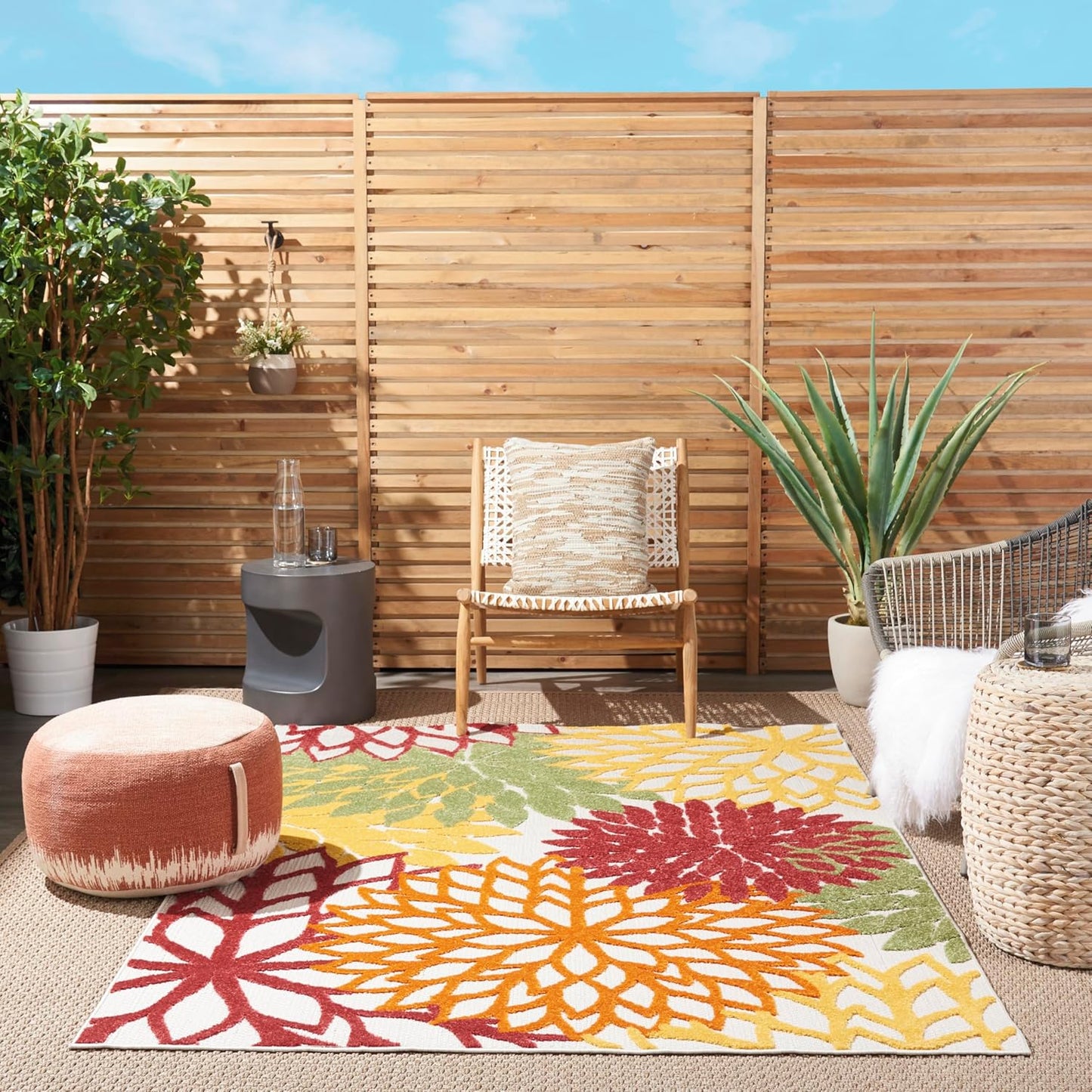 Nourison Aloha Indoor/Outdoor Red Multi Colored 6' x 9' Area Rug, Tropical, Botanical, Easy Cleaning, Non Shedding, Bed Room, Living Room, Dining Room, Deck, Backyard, Patio (6x9)