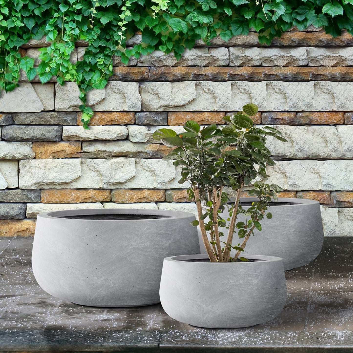 Kante 19.6",15.7",11.8" Dia Round Concrete Planters Set of 3, Cement Plant Pots with Drainage Hole and Rubber Plug for Outdoor Indoor Garden Home, Modern Curvaceous Design, Gray