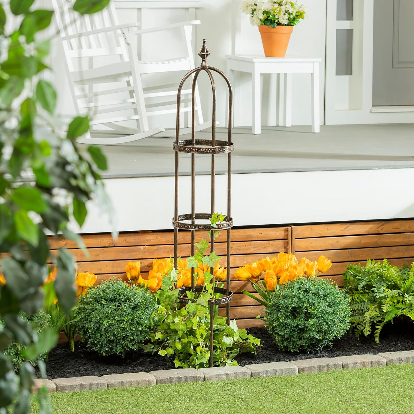 Evergreen Garden 5 ft Metal Garden Obelisk Trellis for Climbing Plants Vines, Clematis & Flowers | Outdoor & Indoor Plant Trellis for Potted Plants | Floral Pattern Arch Trellis (Bronze)