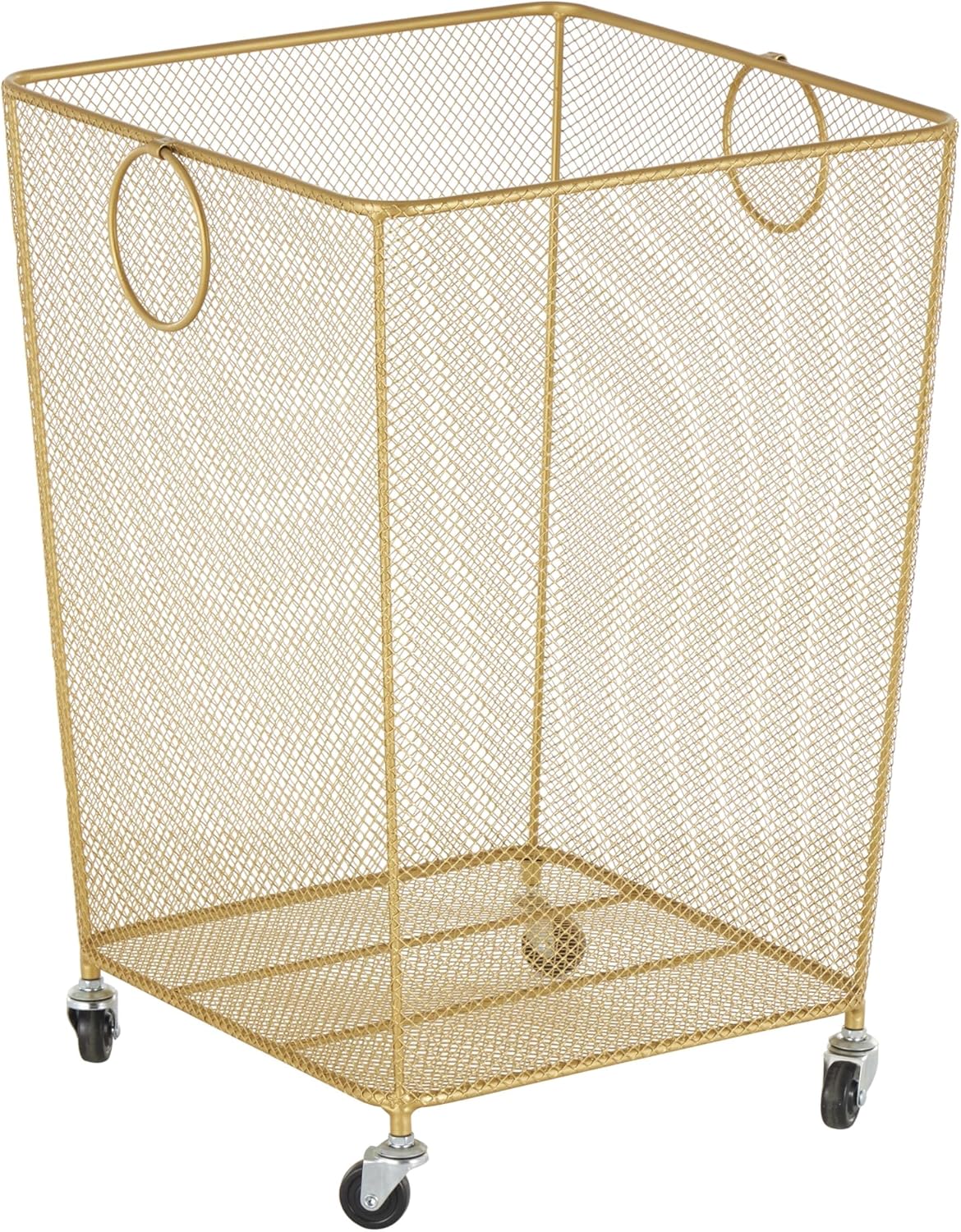 Deco 79 Metal Storage Cart Square Mesh Wire Rolling Laundry with Ring Handles, 17" x 16" x 24", Gold