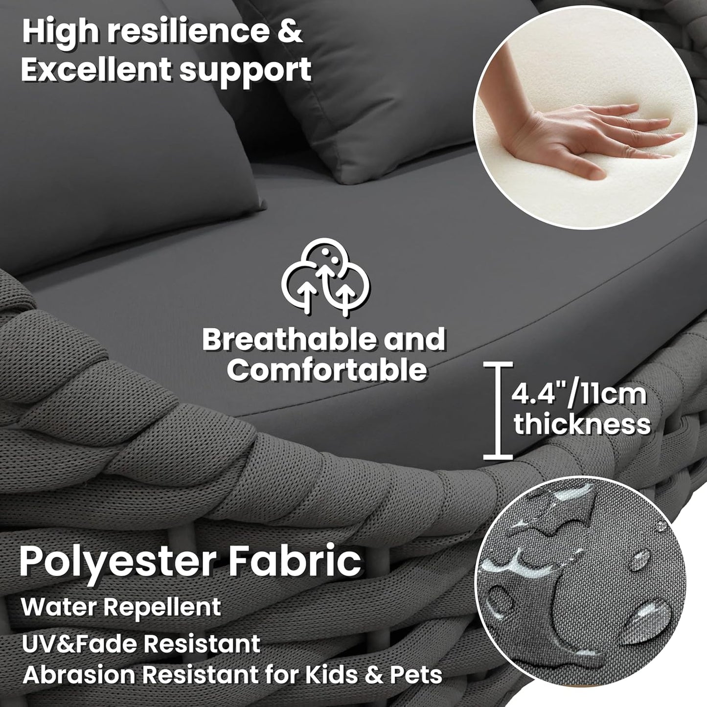 Aluminum Rope Patio Furniture Set: 6 Pieces Assembled Outdoor Conversation Sofa Set for 7 - Modern Metal Couch Set Cushioned - All Weather Porch Seating for Deck Garden Lanai Hotel, Dark Gray