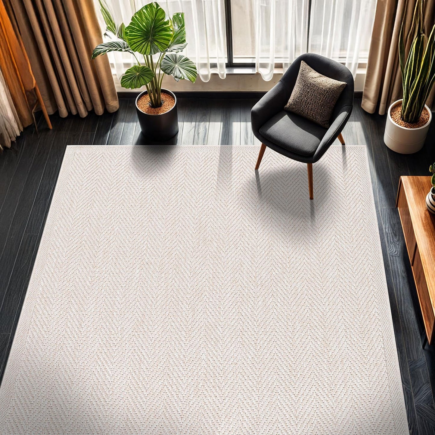 CAMILSON Easy Jute Rug 5x7, Indoor Outdoor Off-White Color Fiber Area Rugs for Living Room Patio and Kitchen Rug Herringbone Seagrass Woven Design Easy-Cleaning Washable Outside Carpet Alfombras 5 x 7