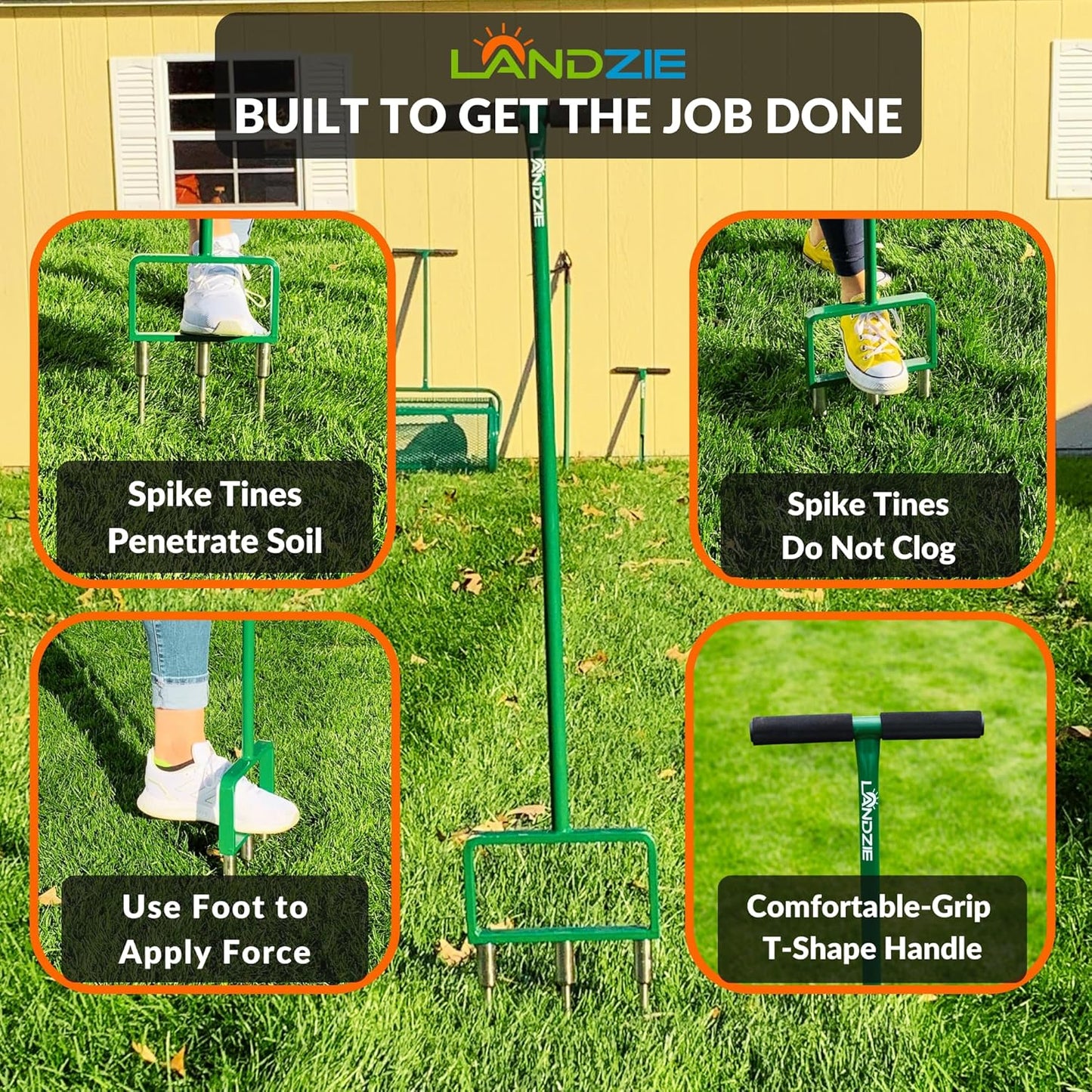 Landzie Spike Tine Fork Lawn Aerator - 42 Inch Manual Stainless Steel Gardening Hand Tool - Grass Dethatcher Aerator Lawn Tool with Solid Tines for Compacted Soil - Lawn Plugger Aerator…