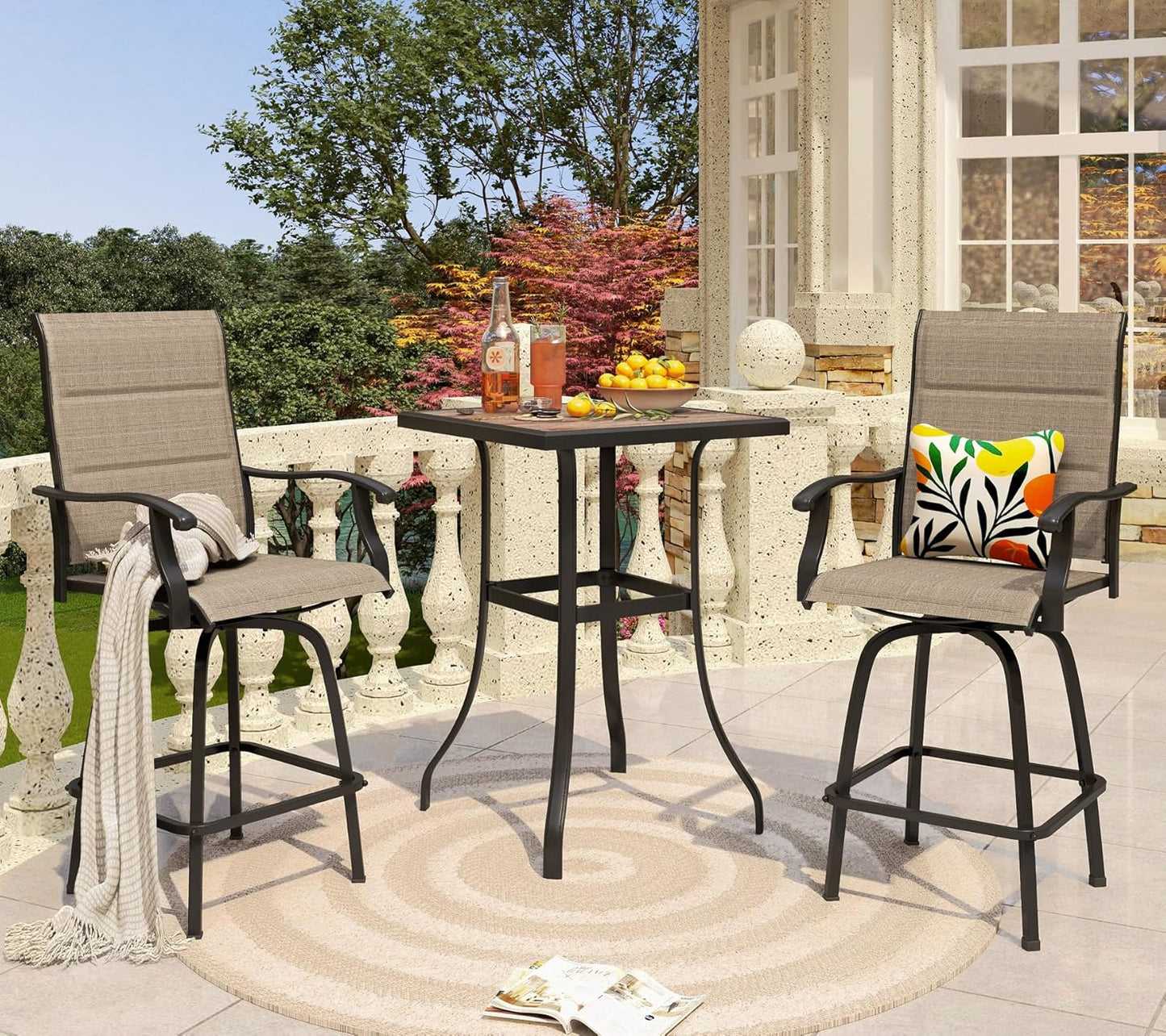 PHI VILLA 3 Piece Outdoor Swivel Bar Stools Set, Bar Height Patio Set with 2 Padded Textilene Fabric Chairs, All-Weather High Top Patio Bistro Table and Chairs Furniture, Brown
