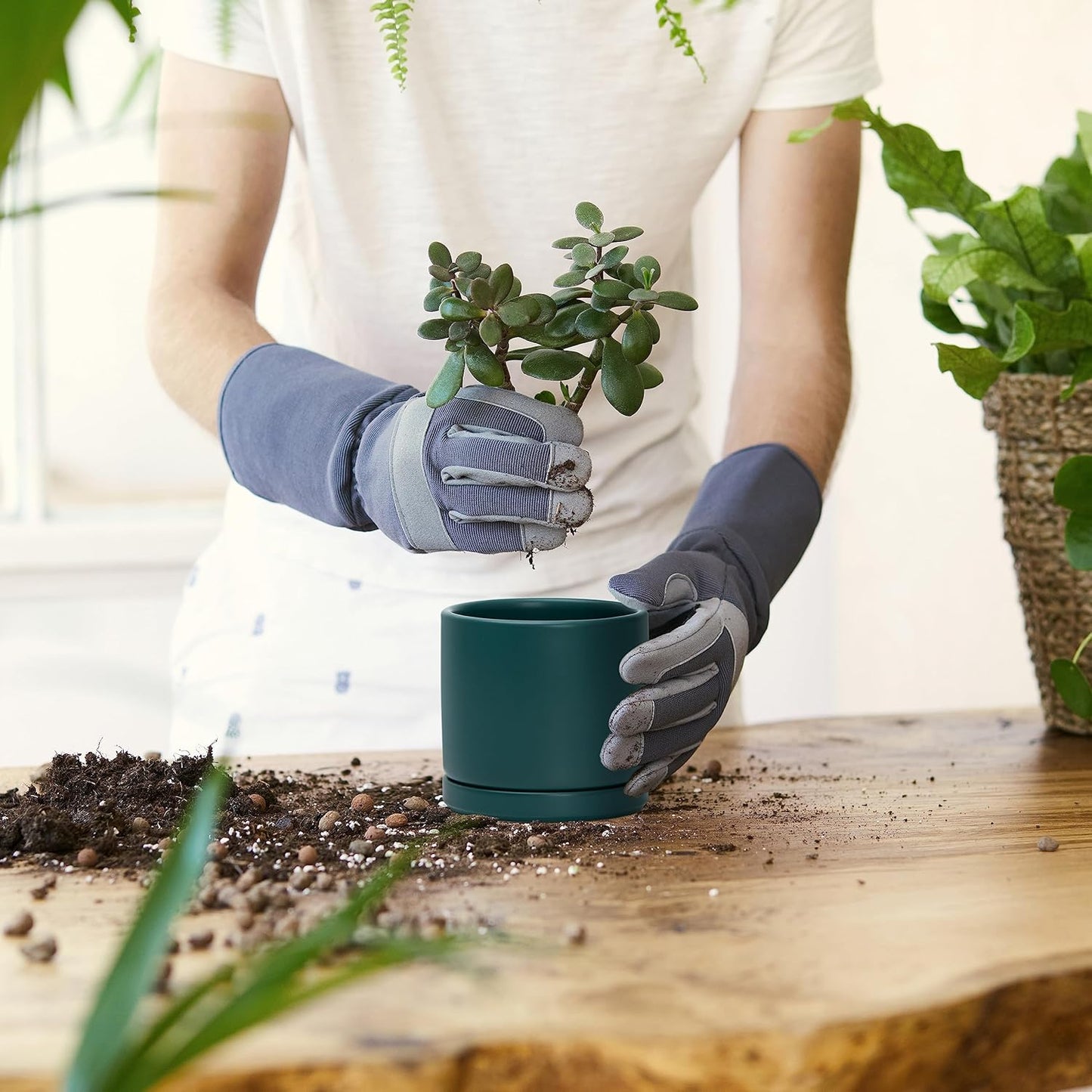 D'vine Dev 4.6 Inch, Ceramic Planter Pot with Drainage Hole and Saucer, Indoor Cylinder Round Planter Pot, Teal, 94-O-B-9