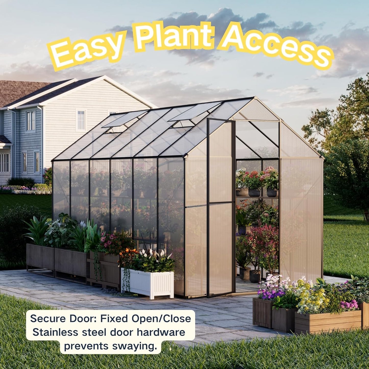 Kingdura 6x12ft Walk-in Greenhouse for Outdoors, Large Polycarbonate Greenhouses with Heavy Duty Aluminum Frame, Adjustable Roof Vent, Lockable Door, UV Protection for Outside Garden Backyard