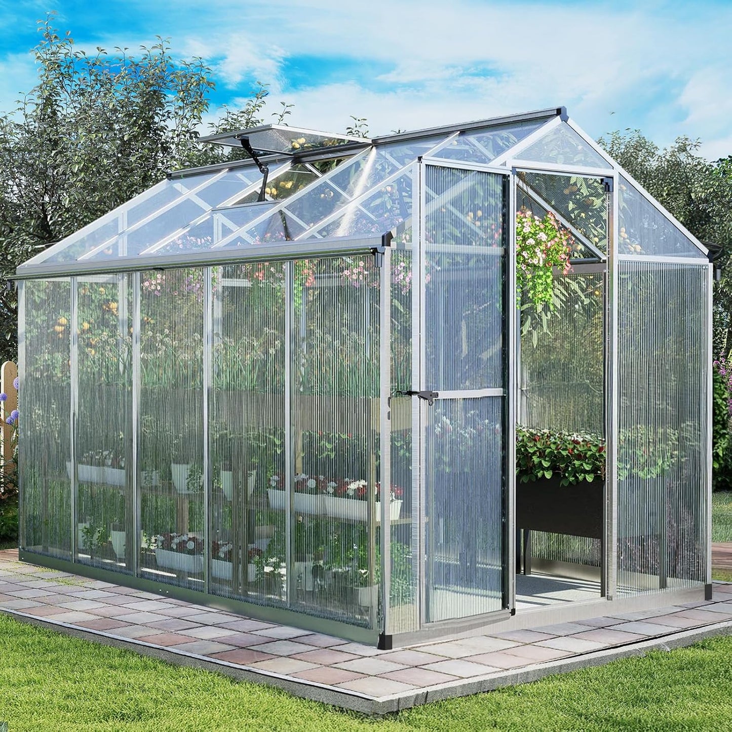 Aoodor 6 x 10 Ft Walk-in Greenhouse with Gutter, Polycarbonate and Heavy-Duty Aluminum Frame, Adjustment Skylight and Lockable 2-Sided Door for Patio, Outdoor, Yard, Lawn Use, Silver
