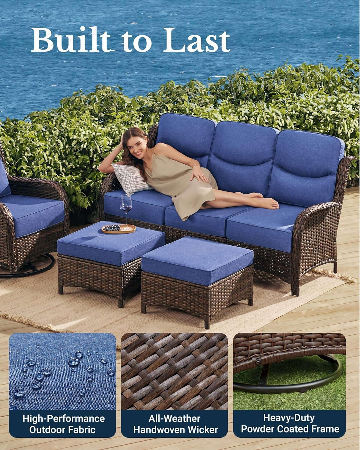 HILLGA Luxury Patio Furniture Set with 6-Inch Thick Cushions, High Back Outdoor Swivel Rocker Chairs Patio Loveseat and Couch, 6-Piece All Weather Conversation Set for Porch Deck Pool Yard, Blue (V3)